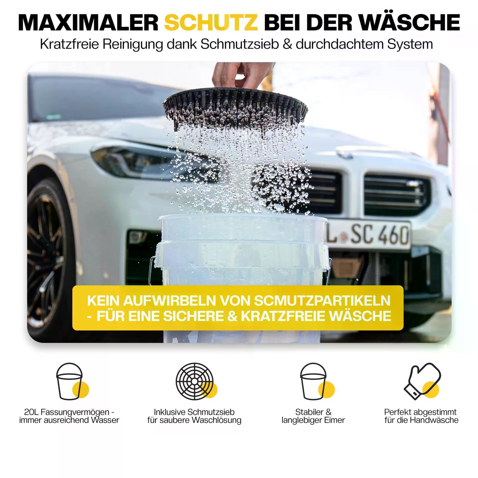 ShinyChiefs Auto Pflege System Basic - Autowasch Set | mit 20L Eimer, Schmutzsieb, pH-neutralem Shampoo, Waschhandschuh & Messbecher