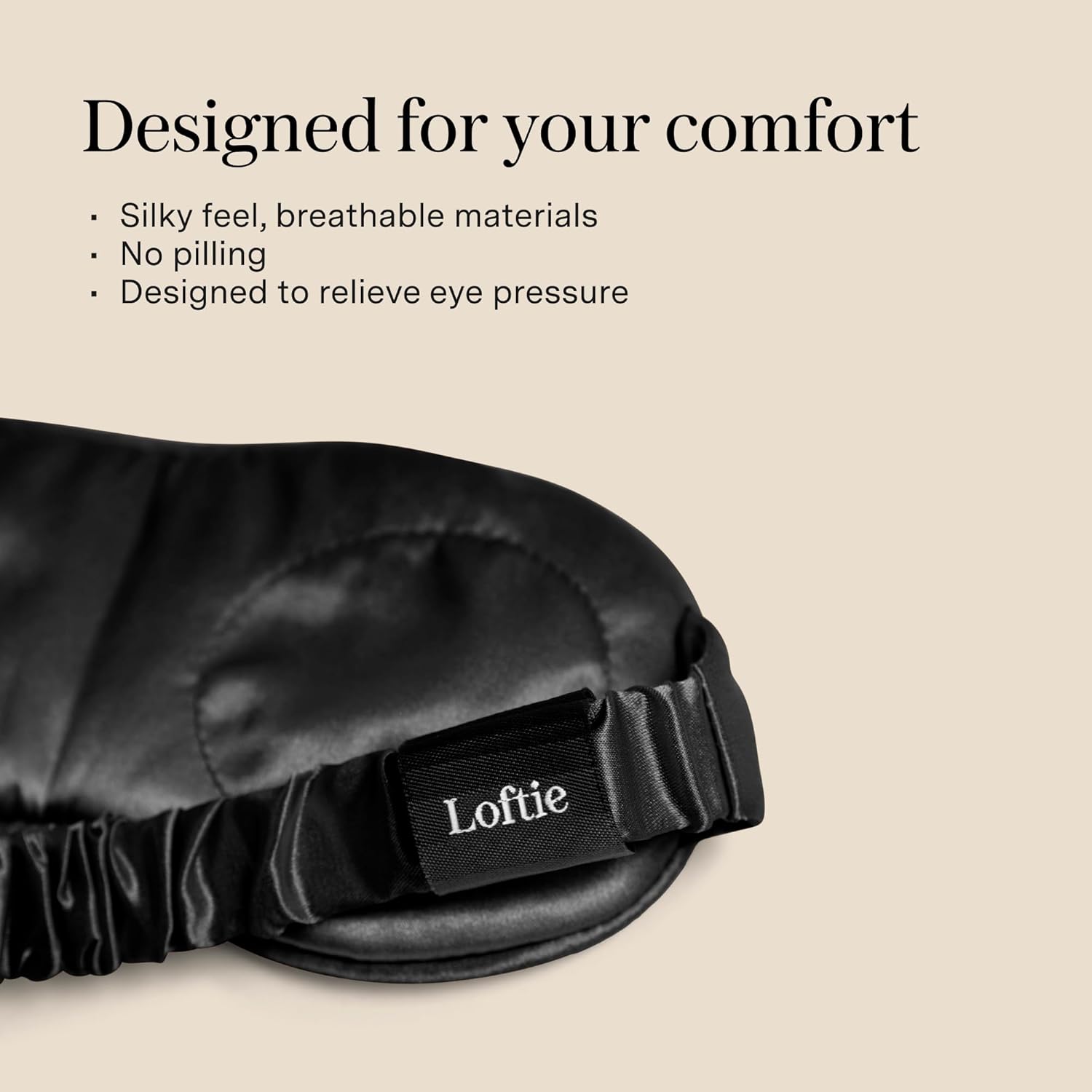 Loftie Silky Sleep Eye Mask - Light Blocking Sleep Mask - Silk Masks for Sleeping - Silky Material, Elastic Band, Low Tension Cups - for All Head Shapes and Sizes - Travel Pouch Included (Black)