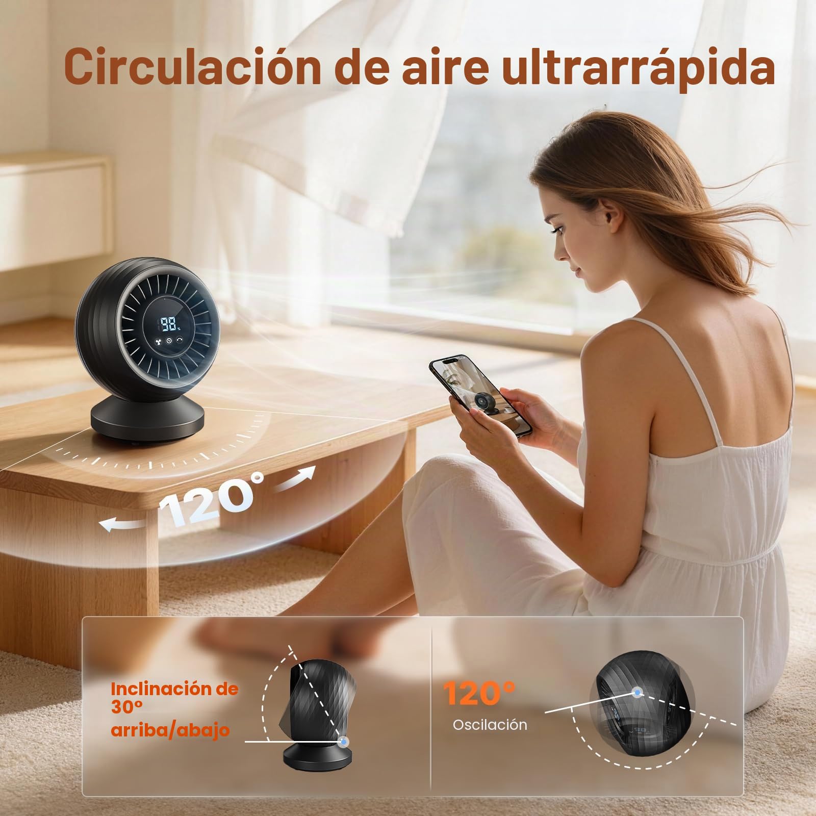Ventilador de Mesa Silencioso 22dB, Potente Ventilador Circulación de Aire Turbo con Pantalla LCD, Oscilación 120°, 8 Velocidades, Ventilador Escritorio para Oficina, Dormitorio y Cocina, Negro