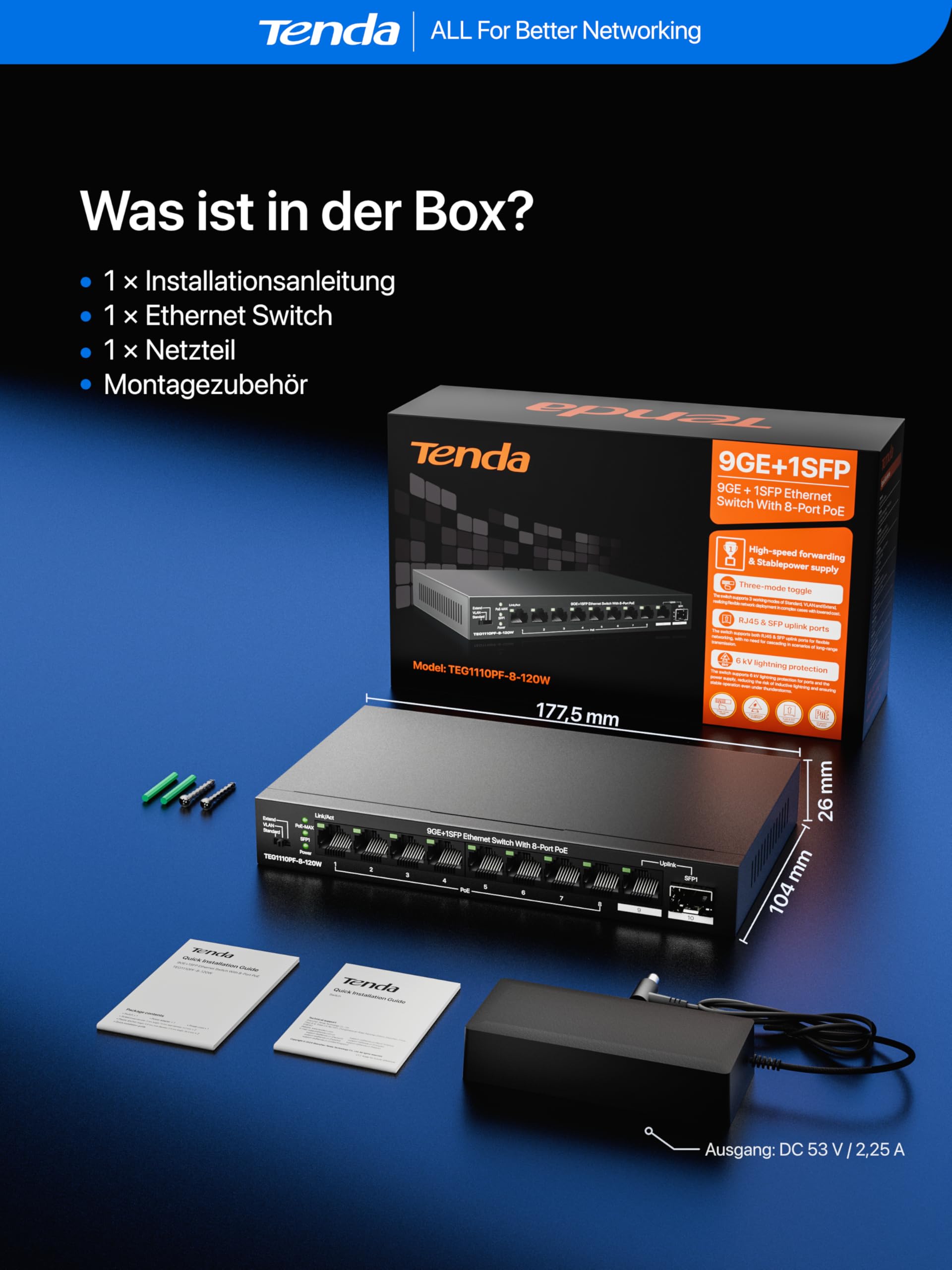 Tenda PoE Switch 10 Port Gigabit LAN Switch mit 8 PoE+ Ports, Uplink- & SFP-Ports (110W Gesamtleistung, VLAN, Bis zu 250m PoE-Reichweite, IEEE 802.3af/at, Lüfterlos, Unmanaged, Metallgehäuse)