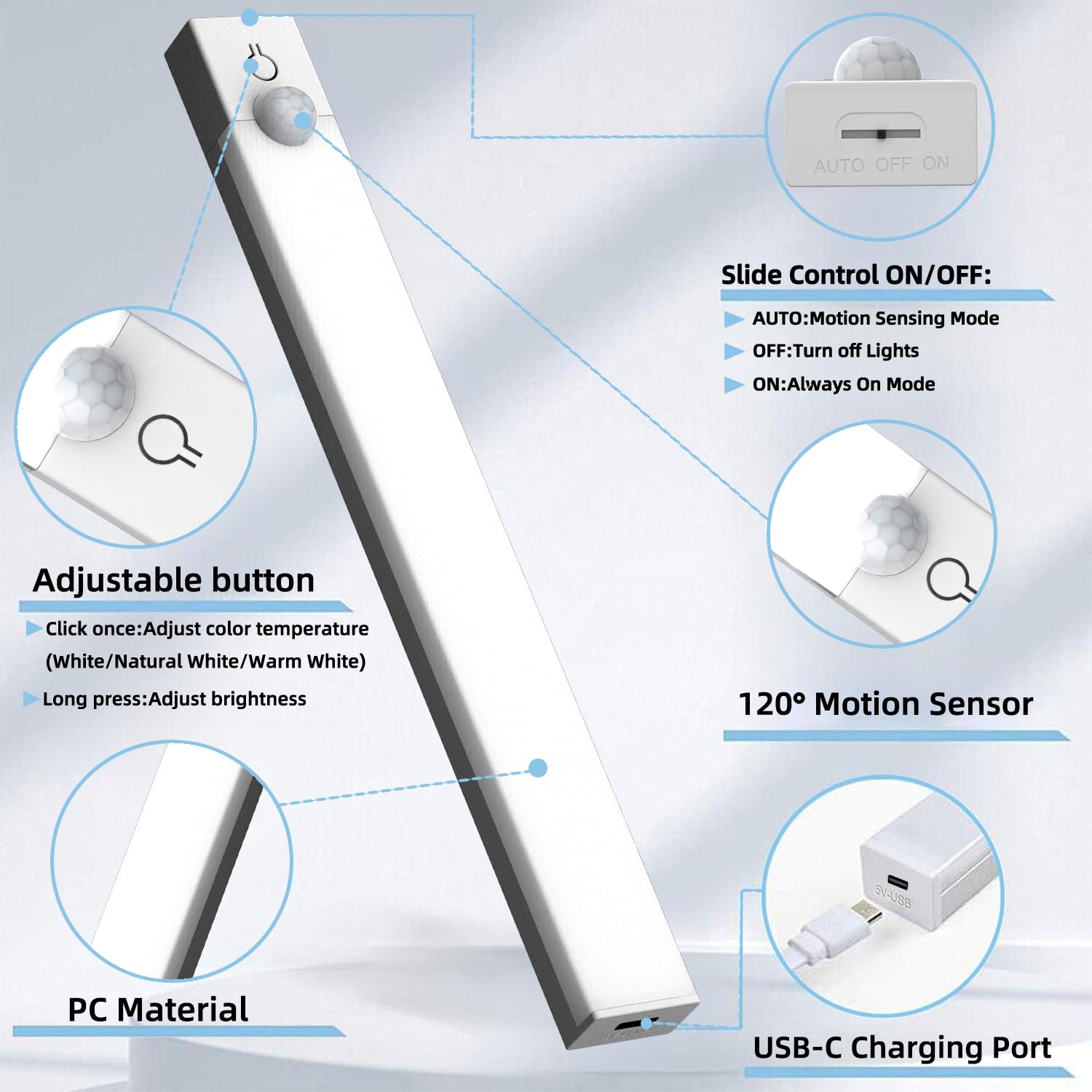 Iluminación para debajo del gabinete, luz recargable con sensor de movimiento de 8 pulgadas para interiores, 3 colores regulables, funciona con pilas, USB Stick en luces LED magnéticas debajo 8