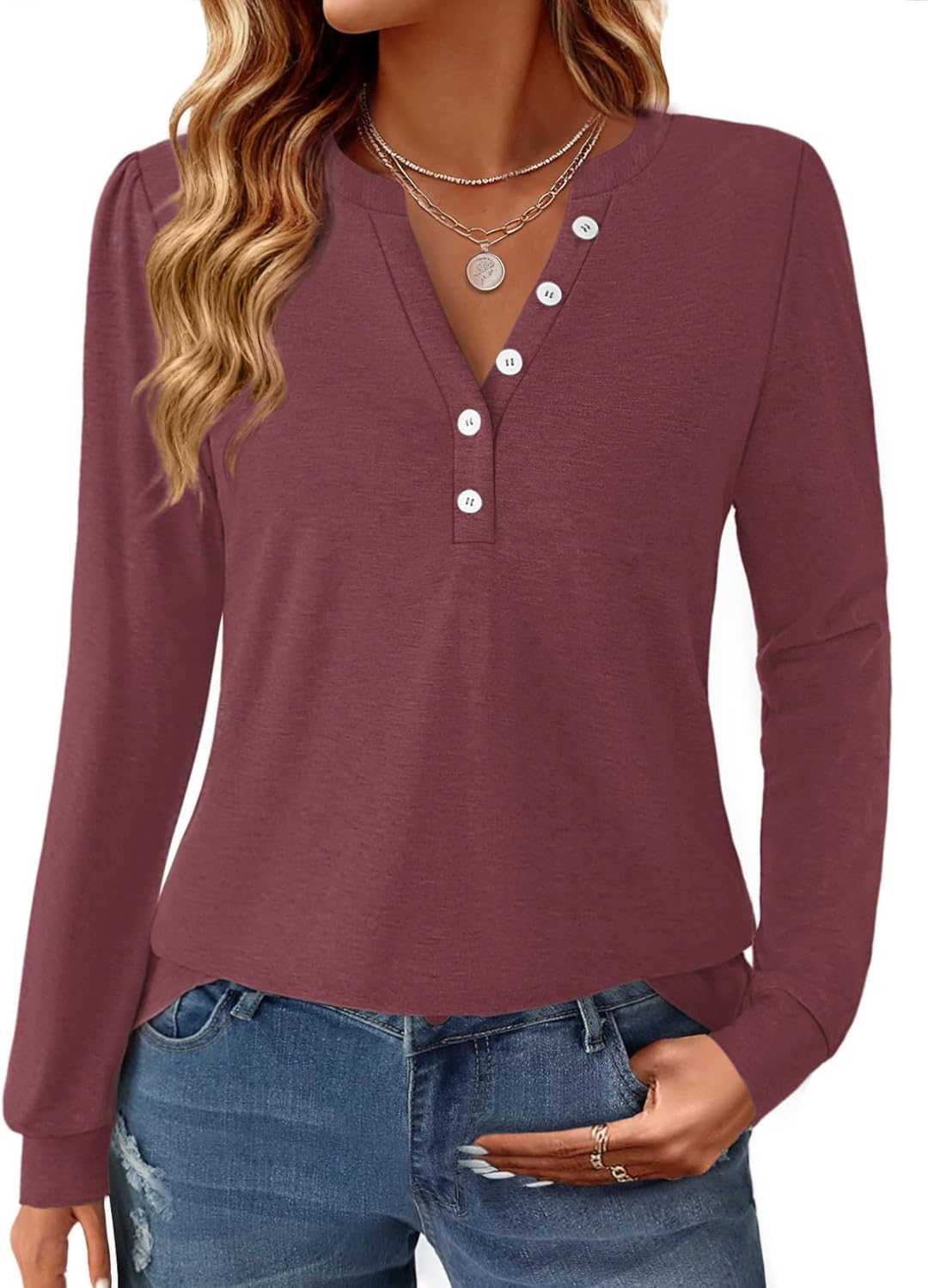 Women's Puff Long Sleeve Tunic V Neck Button Blouses Fall Tops Trendy Dressy Casual Business Henley Shirts