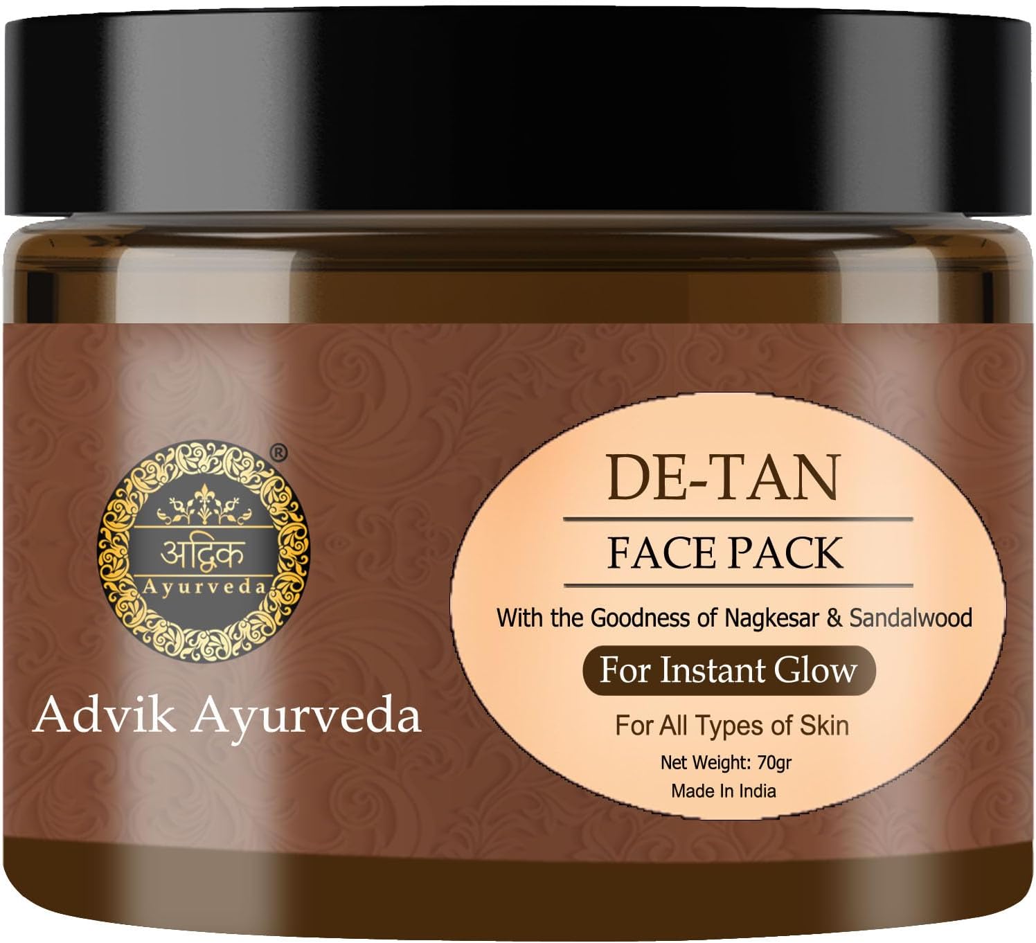 Advik Ayurveda Detan Face Pack for Tan Removal, 70gr | De Tan Face Pack for Men and Women | No Chemicals or Preservatives | 100% Natural Formula