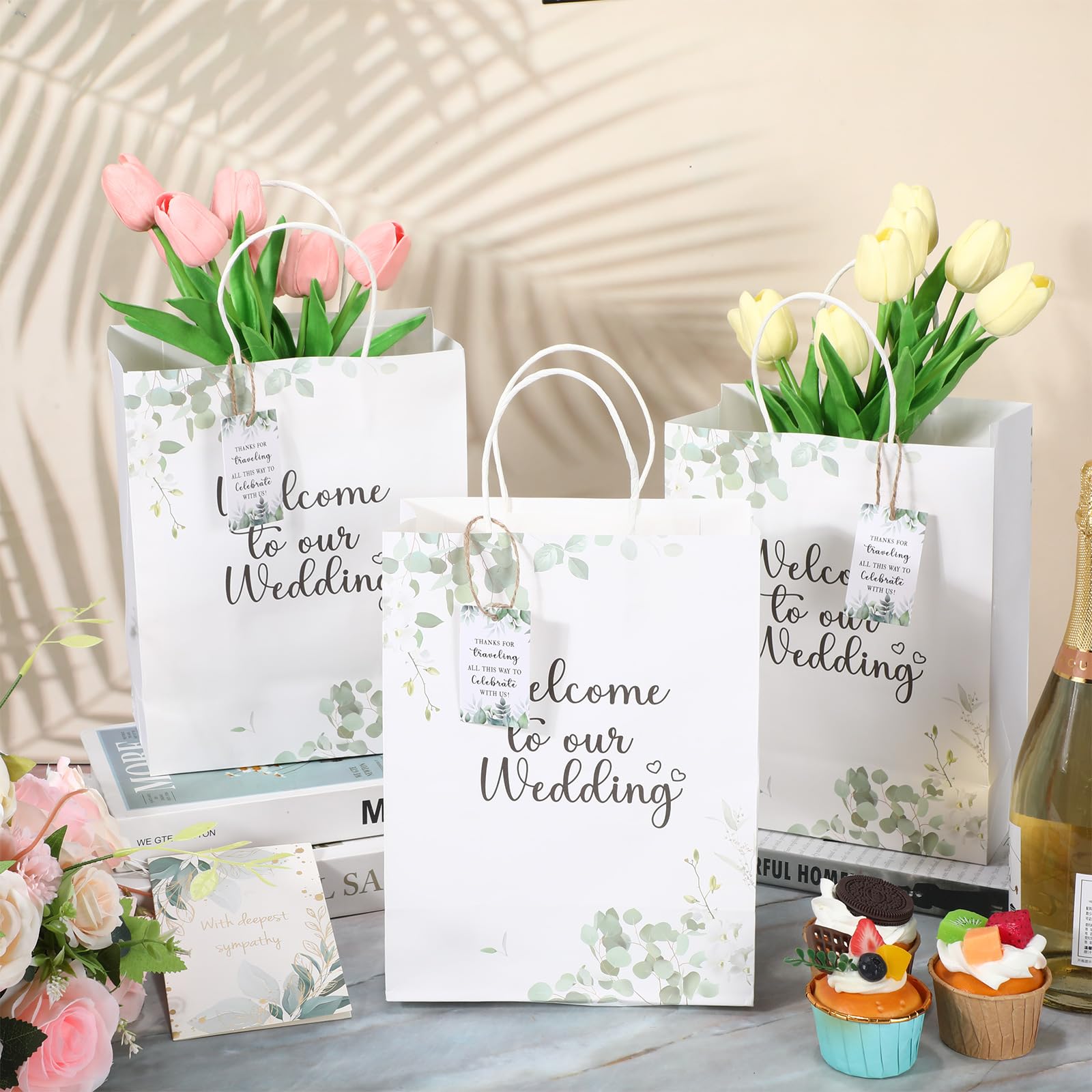 Watersay 50 bolsas de bienvenida de boda con etiquetas de regalo de 8.3 x 4.3 x 10.6 pulgadas, bolsas de papel con asas, bolsas de regalo de fiesta de boda para invitados