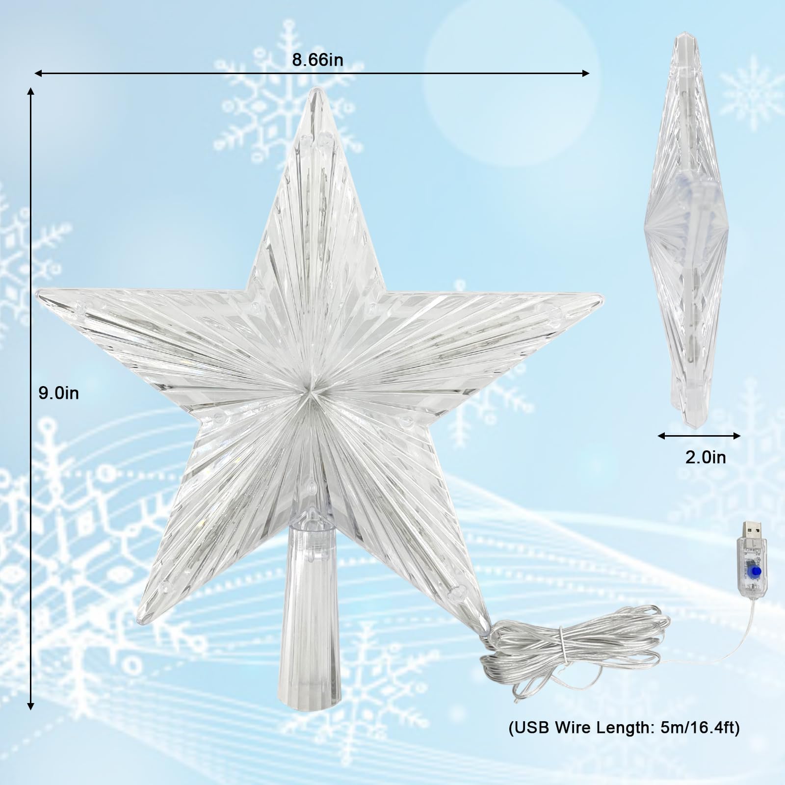 Estrella para árbol de Navidad de 8.6 pulgadas, estrella iluminada LED RGB con control remoto, 25 modos de luz, velocidad, temporizador, enchufe USB, cable de 16.4 pies para decoración de fiesta de