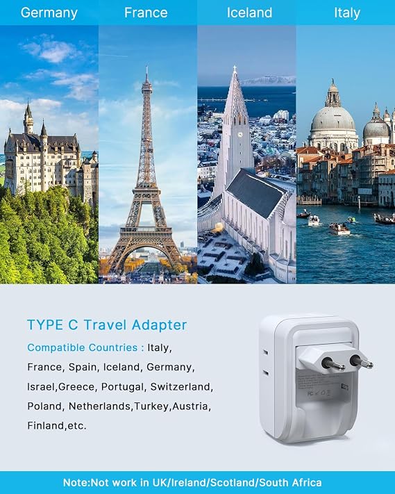 VINTAR 2 Pack European Travel Plug Adapter, 7 in 1 Type C Foldable Plug