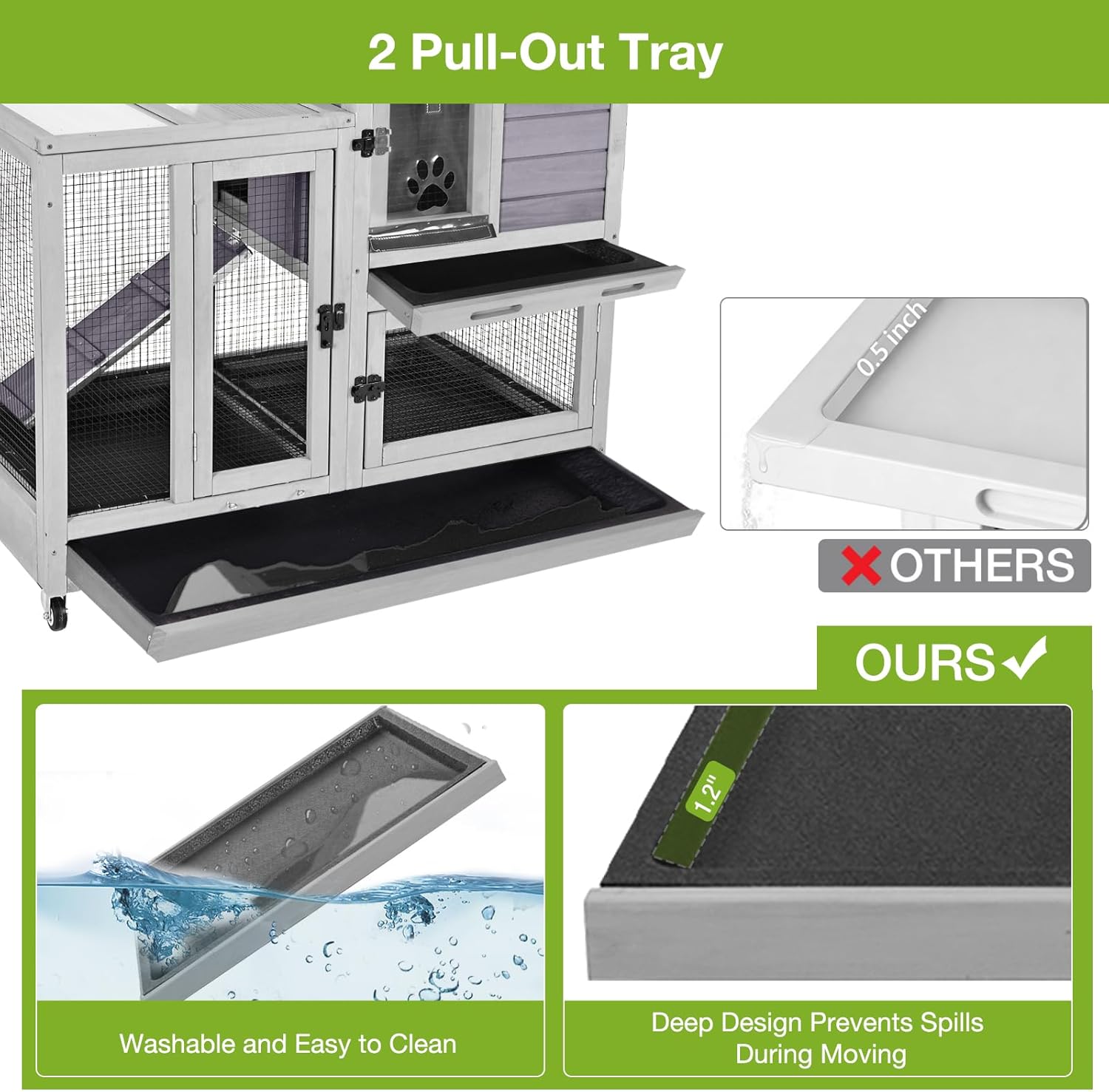 Rabbit Hutch Indoor Outdoor, Large Rabbit Cage with Wheels, 2-Story Bunny Hutch with Removable Wire Floor and Leakproof Trays, Wooden Guinea Pig Cages with Waterproof Roof