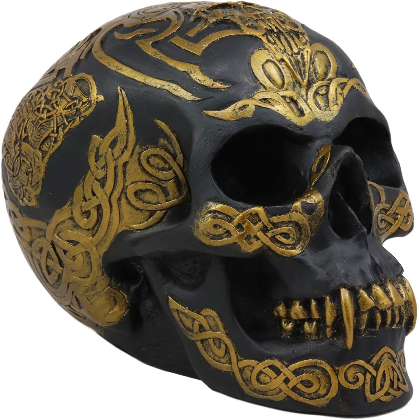 Ebros Celtic Tribal Knotwork Tattoo Black Ghost Vampire Skull Statue 7" Long As Macabre Ossuary Decor Dracula Skeleton Cranium for Halloween Day of The Dead Gothic Accessory Accent Figurine Sculpture
