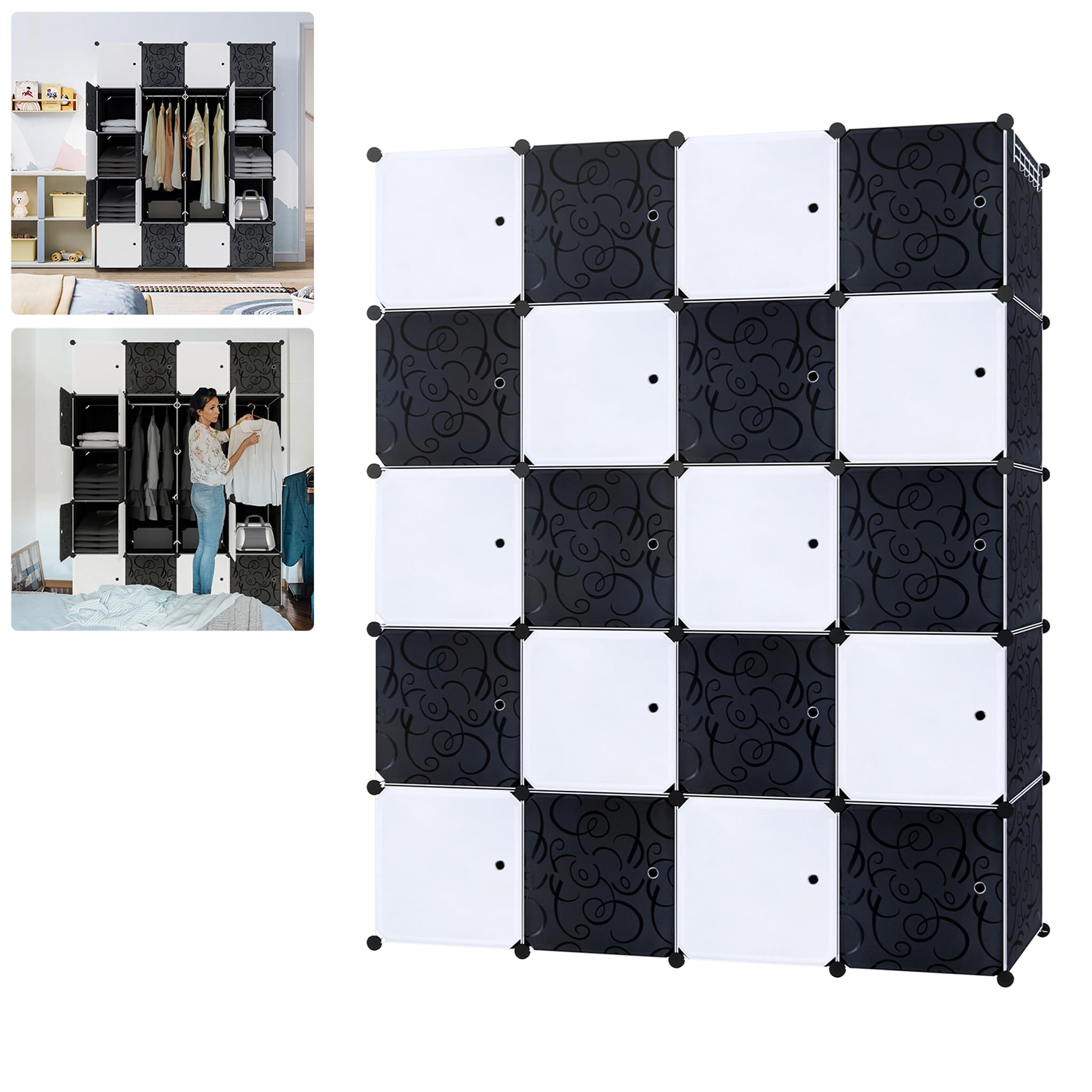 DIY Garderobe Kleiderschrank Regalsystem Aufbewahrung Schrank Aufbewahrungssystem Garderobenschrank Wasserdicht Staubabweisend - Schwarz+Weiß, 20 Boxen