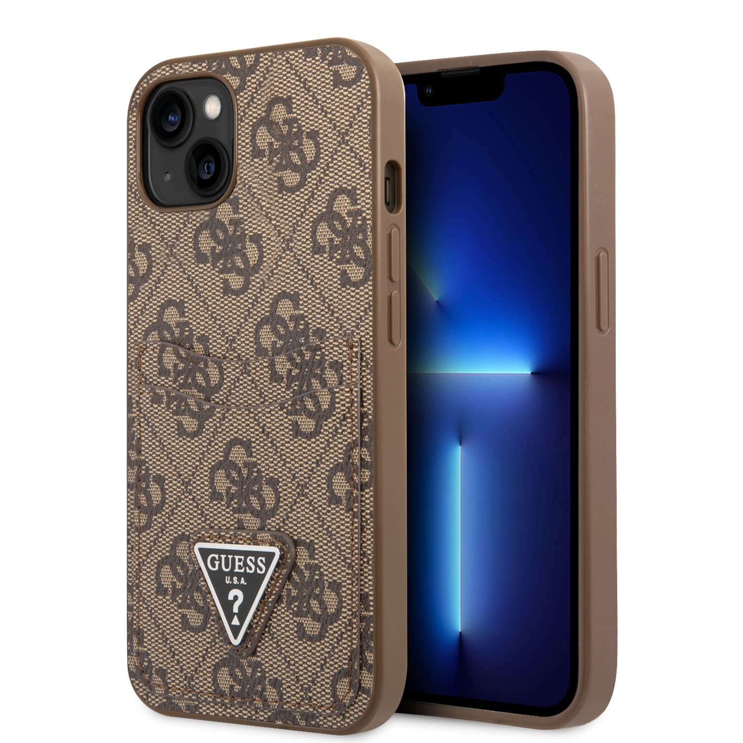 CG MOBILE Guess PU 4G Case With Double Cardslot & Metal Triangle Logo With Smooth Hand Feel, Resistant to Damage, Dual Protective Shield Compatible With iPhone 14 Plus (Brown)
