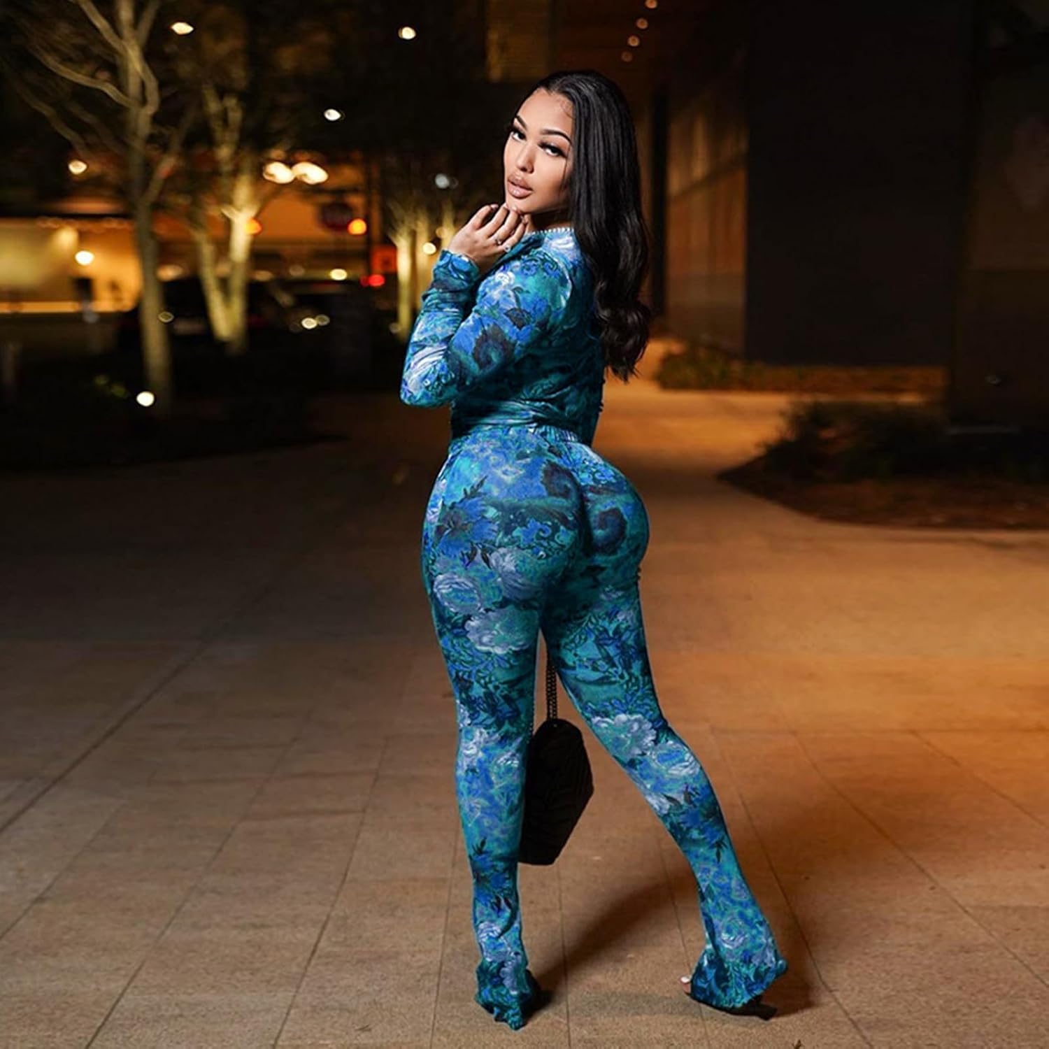 Sexy 2 Piece Set Jumpsuit for Women Floral Print See Through Mesh Long Sleeve Going Out Top and Flare Pants Sets - Image 3