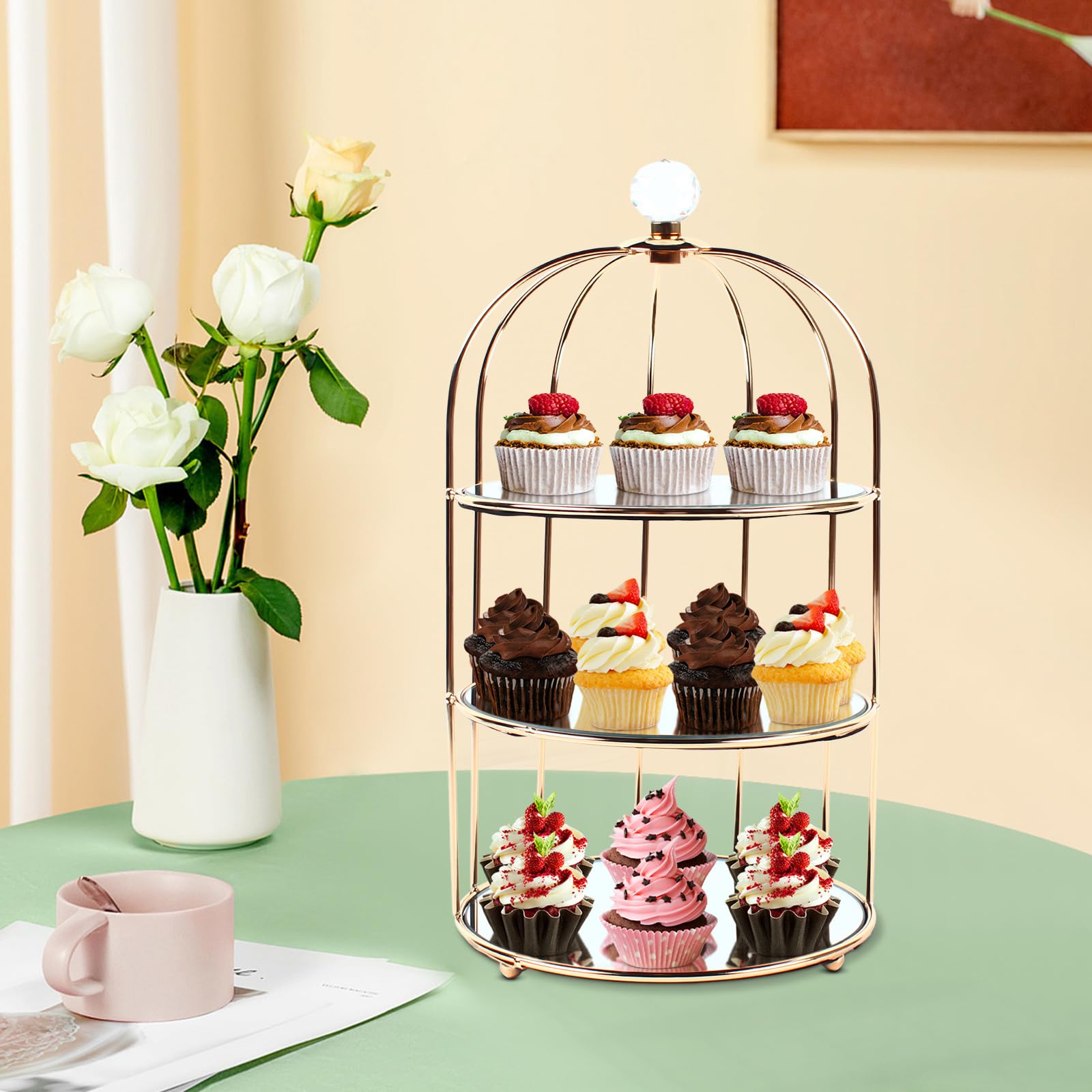 3 Tier Gold Birdcage Cake Stand, Makeup Organiser, Vanity Dresser Tray