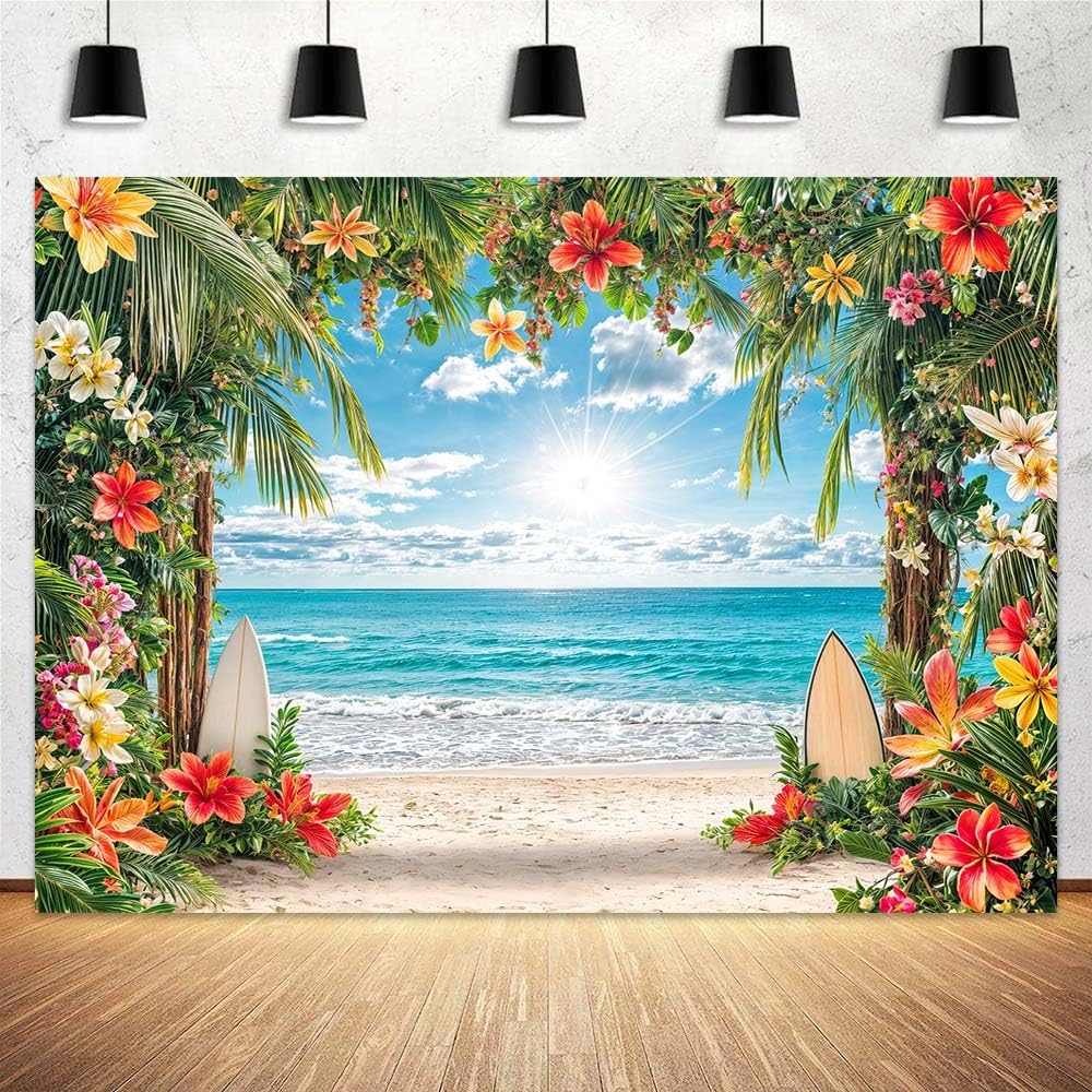 10x8ft Summer Hawaiian Beach Backdrop Tropical Blue Sky Ocean Flower Palm Leaves Surfboard Photography Background for Luau Aloha Wedding Baby Birthday Party Decoration Banner Picture Photo Booth