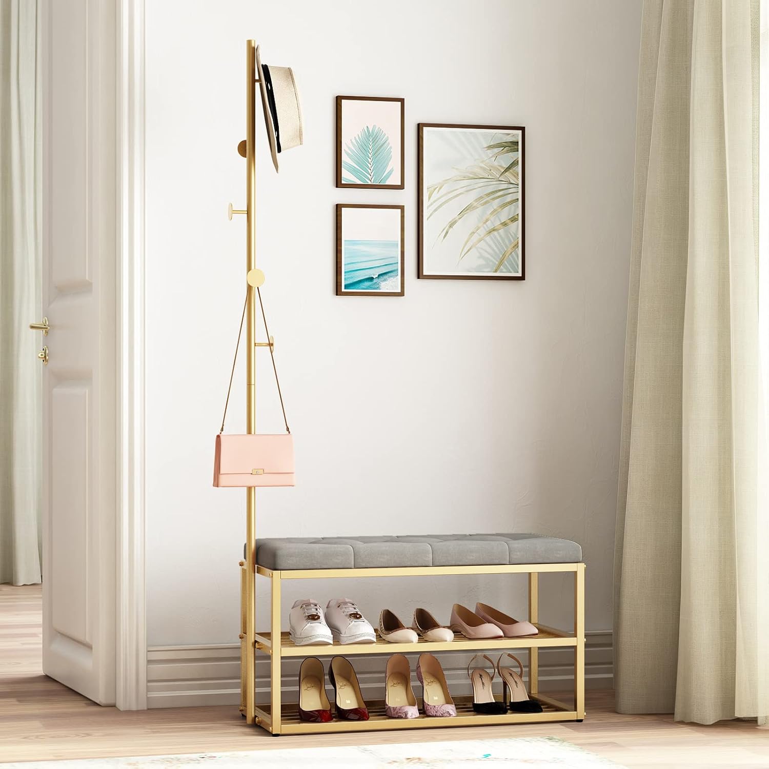 DOORXIFO Gold Coat Racks with Bench Grey Upholstered