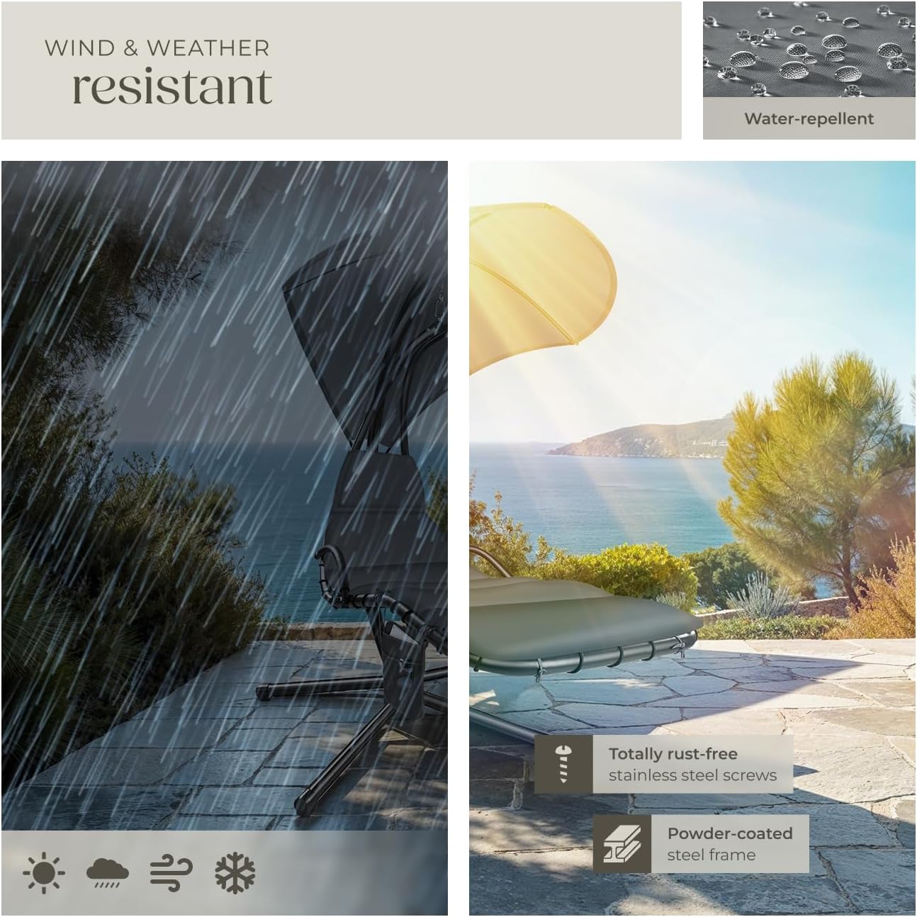 TecTake Hanging Garden Chair shown to be wind and weather resistant with water-repellent fabric and powder-coated steel frame