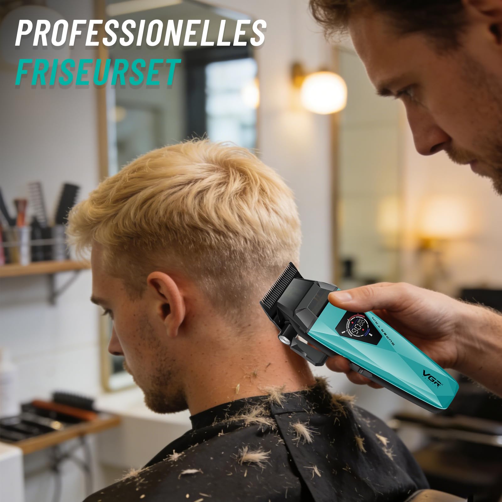 VGR 877S3 Profi Haarschneidemaschine Set, Kabelloser Titanbeschichtete Rasierer, Haarschneider Herren und Präzisionstrimmer mit 8000/9000 U/min Motor, Barber Set mit Ladestation, LED-Display, Grün