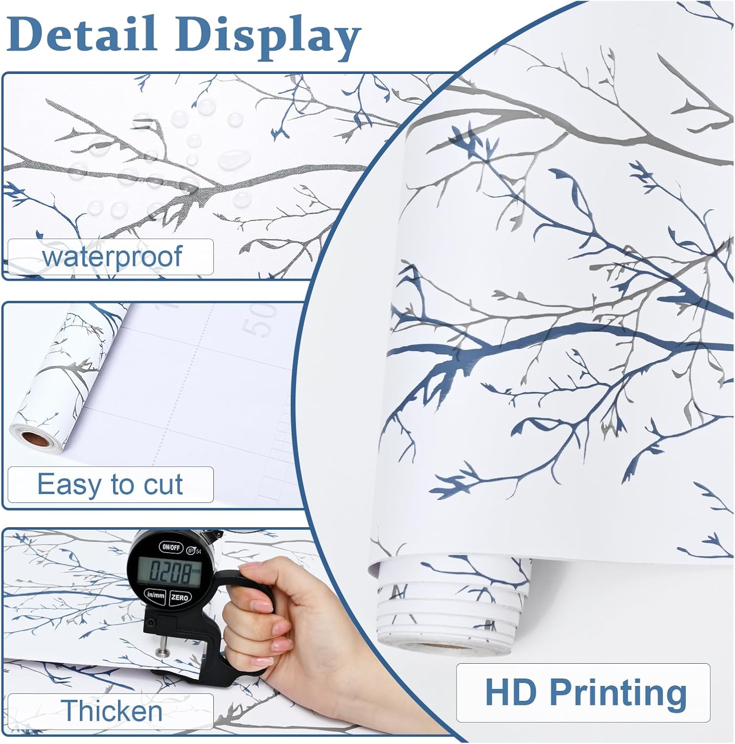 Mecpar Gray Blue Tree Branches Peel and Stick Wallpaper 17.71" x 394" Natural Wall Paper Modern Tree Branch Contact Paper Removable Wallpaper Self-Adhesive Vinyl for Furniture Crafts Walls