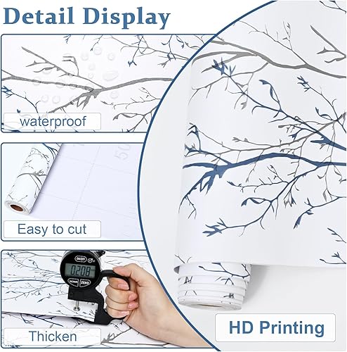 Miniatura 4 de Mecpar Papel Tapiz Despegar y Pegar Gris Azul de Ramas de Árbol 17.71" x 590" Papel de Pared Natural Moderno de Ramas de Árbol Papel de Contacto