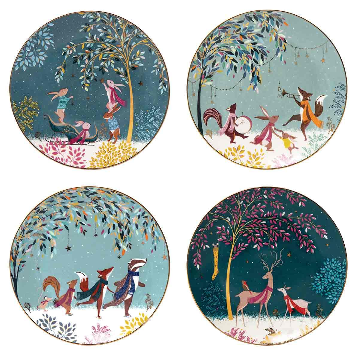 Sara Miller Woodland Tales Design Set of 4 Cake Plates Christmas Homeware Decor
