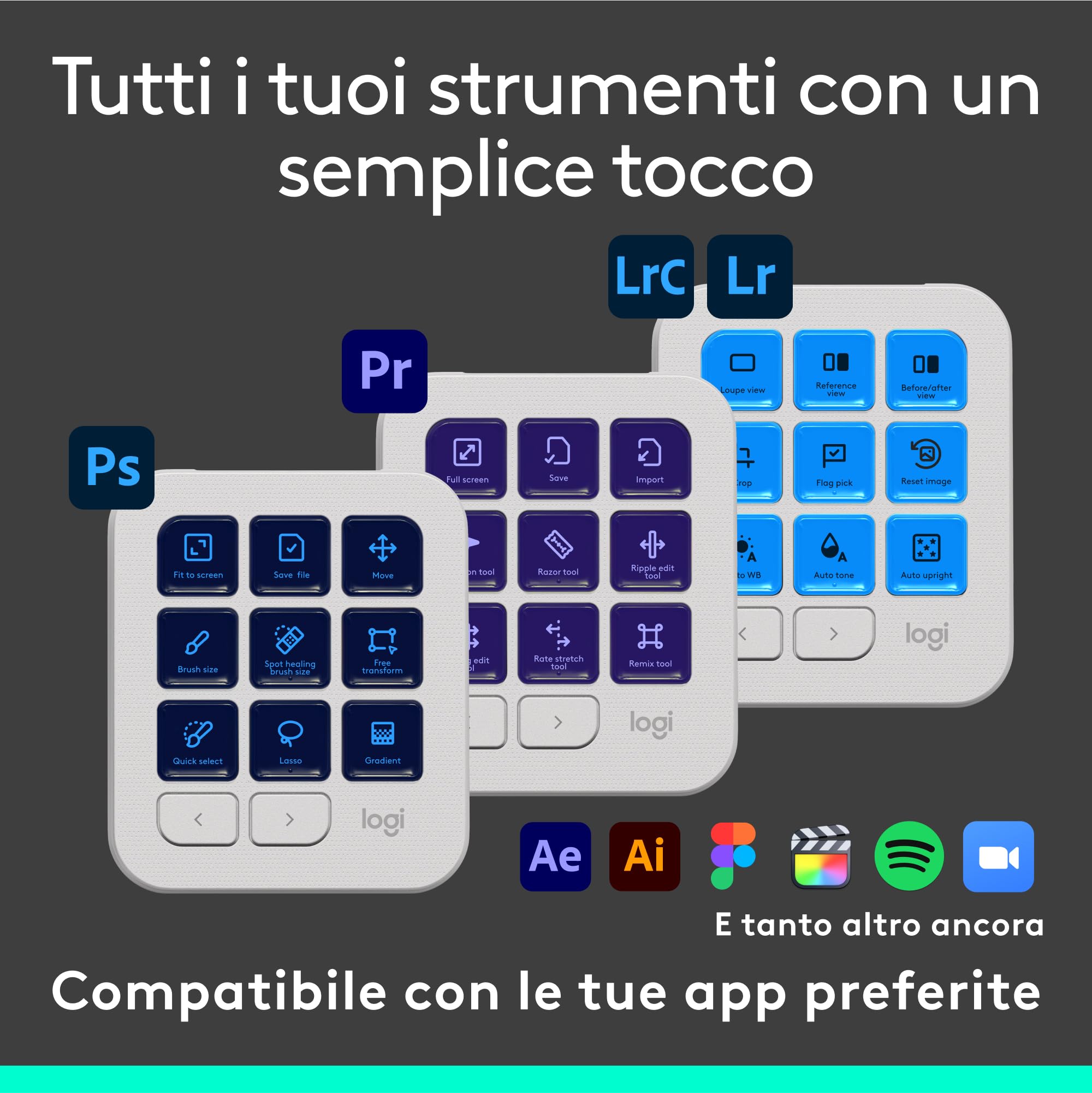 Logitech MX Creative Console, keypad programmabile con 9 tasti LCD personalizzabili e manopola di controllo progettazione grafica, montaggio video, fotografia, Adobe, Zoom, Spotify - Grigio Pallido