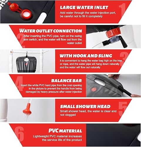 Miniatura 5 de WHHKLQS Paquete de 2 bolsas de ducha solares de 5 galones20 litros, bolsa de ducha portátil de camping con manguera extraíble y cabezal de ducha