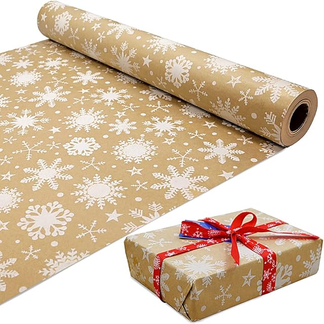 ADQUATOR 15m Roll of Kraft Wrapping Paper,White snowflake Gift 100% Recyclable Wrapping Paper(15m x 44cm)