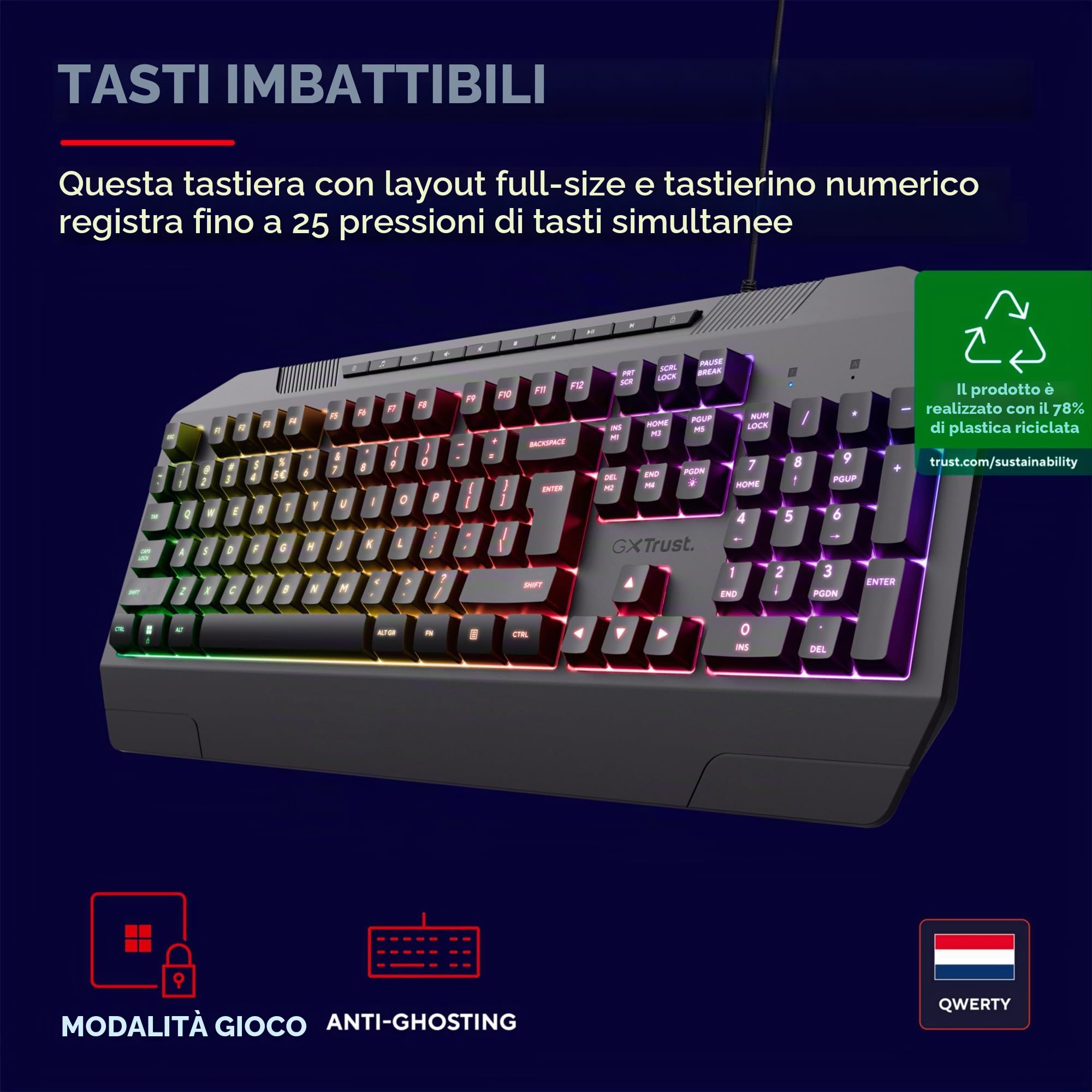 Trust GXT 836 Evocx Tastiera USB QWERTY Inglese US Nero