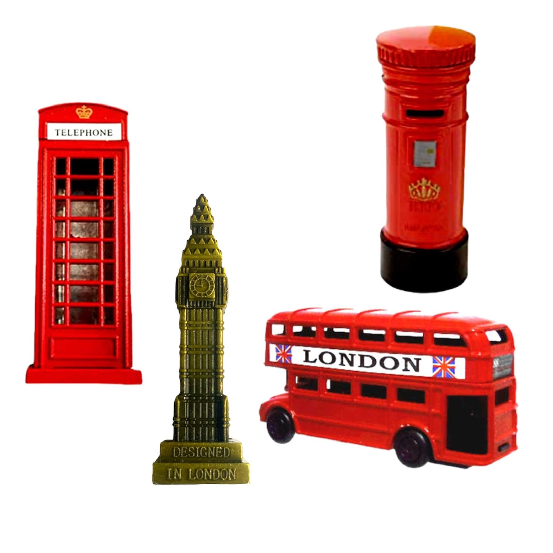 London Souvenir - Set di temperamatite (confezione da 4), Big Ben, autobus, cabina telefonica e cassetta postale, regalo per bambini, materiale scolastico, set regalo di temperamatite pressofuso da