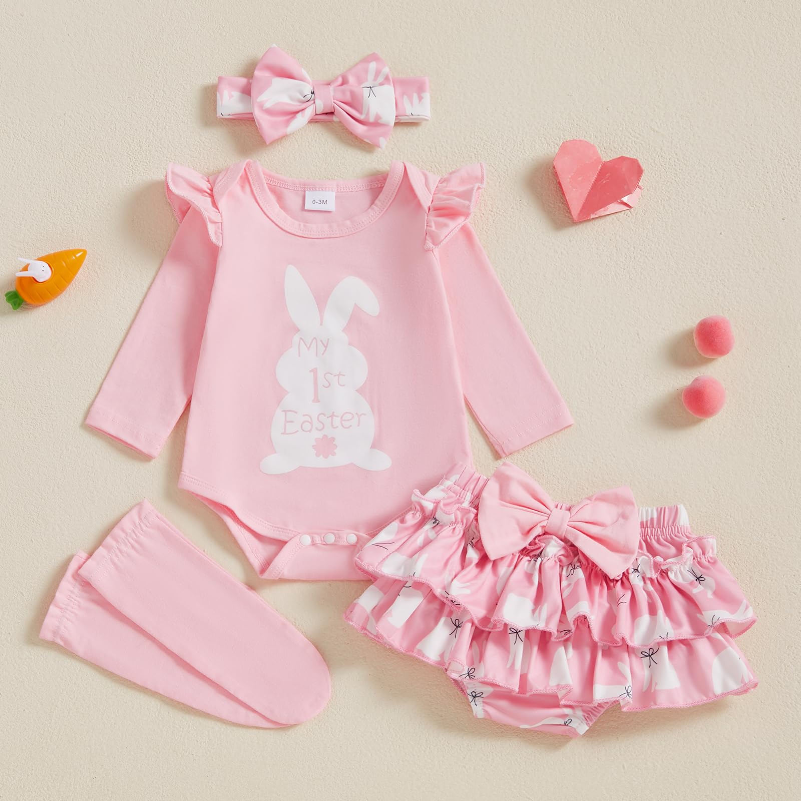 BeQeuewll Oster-Kostüm für Neugeborene, Hasenkleidung, Blumen-Tutu-Rock, Socken, Stirnband für das erste Ostern