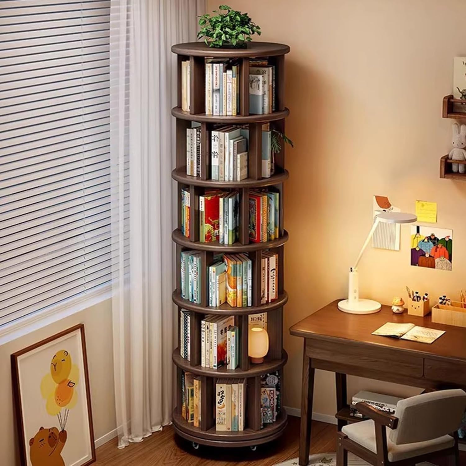 6 Tier Rotating Bookshelf 360° Solid Wood Spinning Bookcase Tower on Wheels Large Capacity Rolling Revolving Shelves for Small Spaces, Corner, Bedroom, Office, Living Room(Walnut)