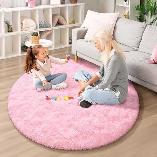 Miniatura 4 de EVOIONOS Alfombra Redonda Rosa para Dormitorio, 4x4 Pies Alfombras de Área Circulares Suaves y Esponjosas para Sala de Estar, Alfombra Circular de