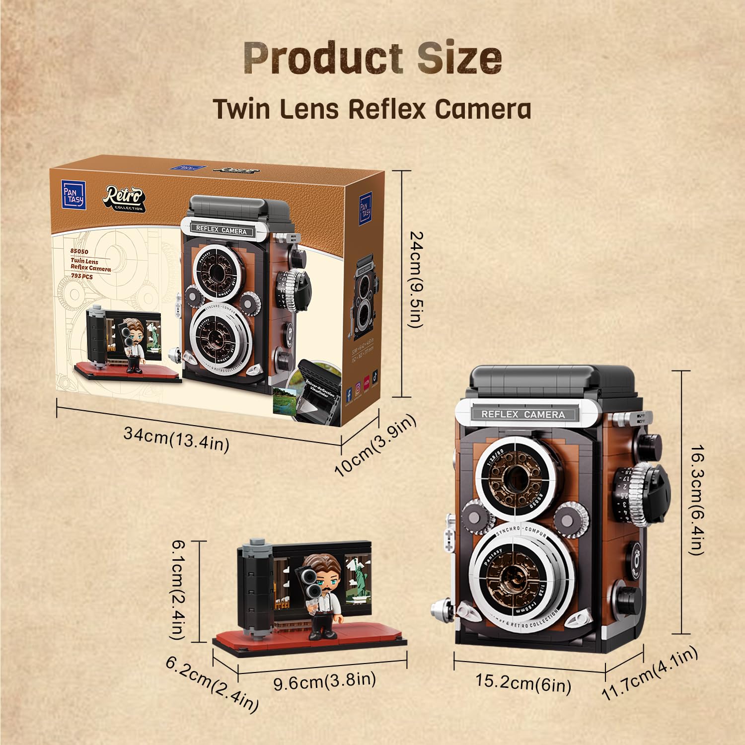 PANTASY Zestaw Klocków Retro Aparat dla Dorosłych, Klasyczny Model Aparatu Twin-Lens Reflex z Interaktywnymi Funkcjami, Kolekcjonerski Model Vintage do Dekoracji