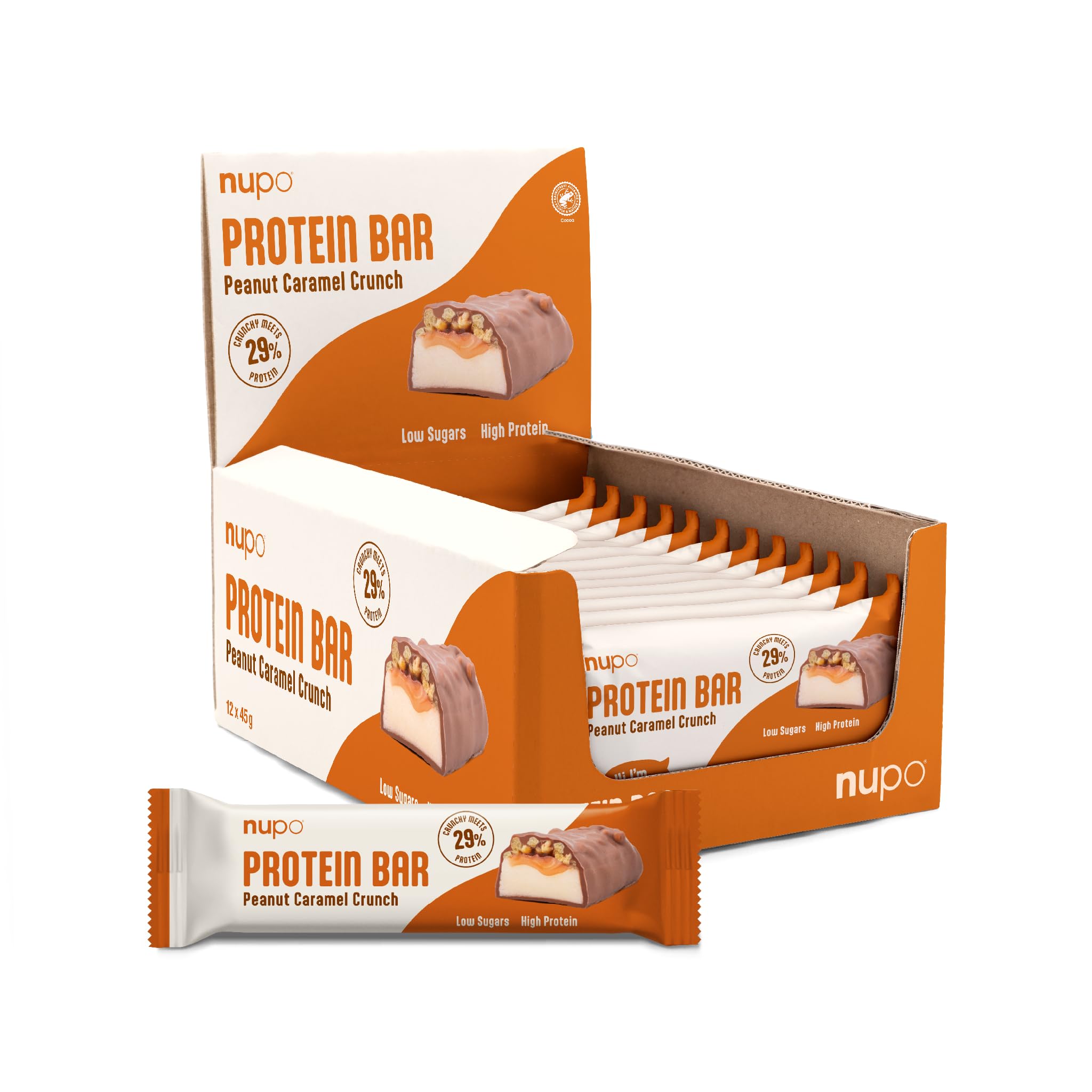 Nupo Proteinriegel Peanut Caramel Crunch | 13 g Protein pro Riegel | Wenig Zucker | Glutenfrei | 45 g x 12 Pack | Eiweißriegel