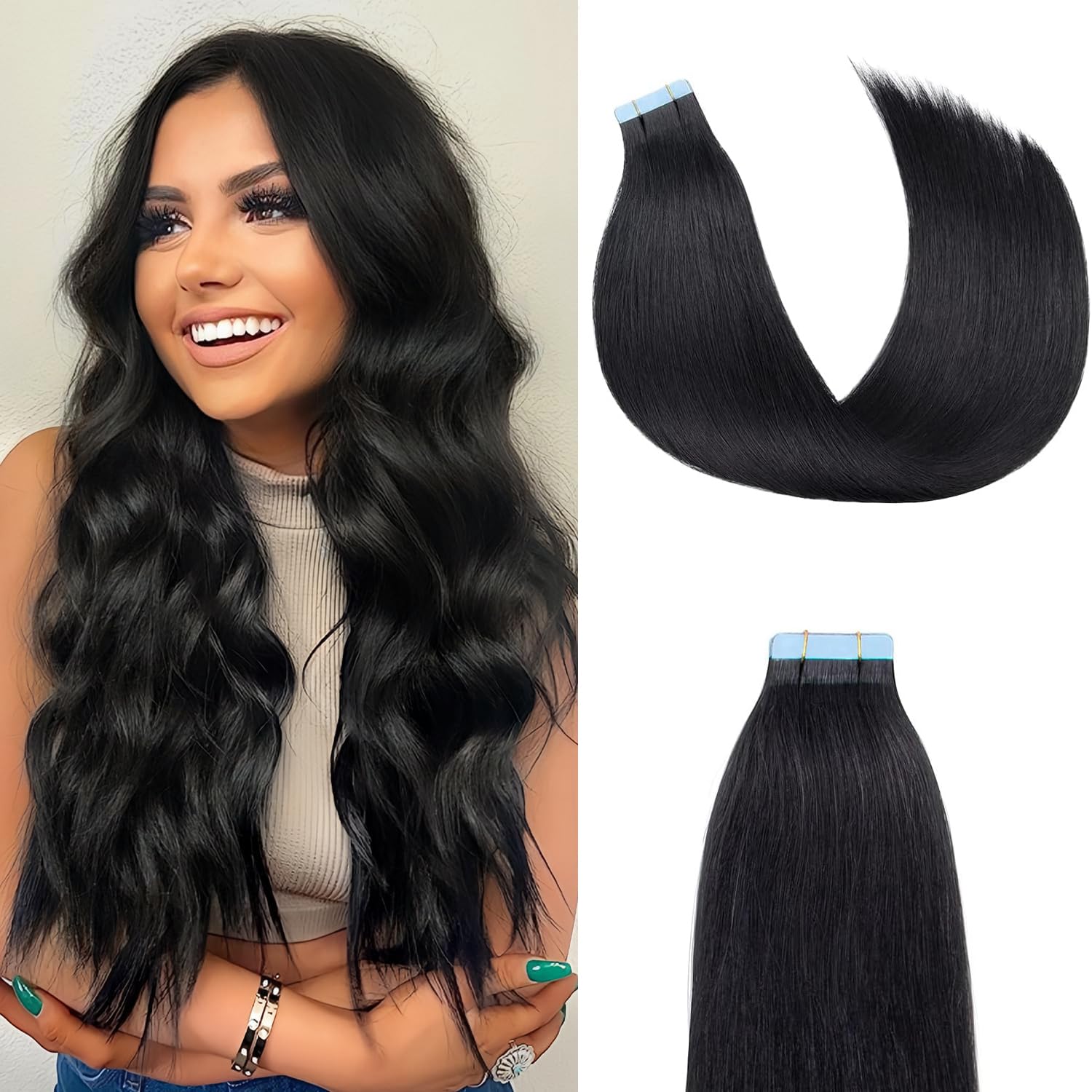 AGMITY Tape in Hair Extensions Human Hair 14 inches Jet Black 20pcs 40g/pack Straight Seamless Weft Skin Invisible Thick Human Hair Tape in Extensions
