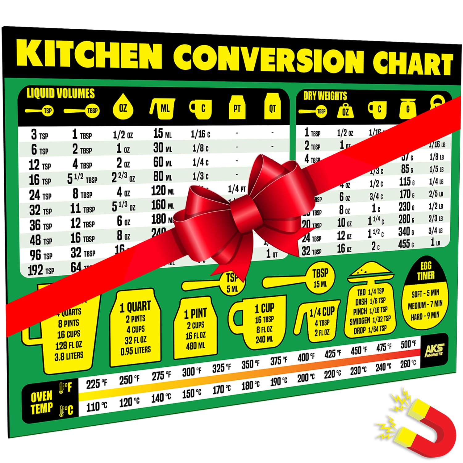 Kitchen Conversion Chart Magnet - Extra Large Easy to Read 11” x 8.5” Measurement Cheat Sheet for Cooking Baking & Reading Recipes - Convert Volume Weight Celsius Fahrenheit Imperial & Metric Units