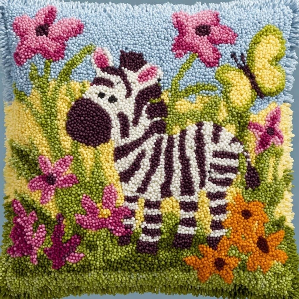 WallustrioaW Latch Hook Pillow Kit -Zebra and Butterfly 43X43Cm Embroidery Art Craft Kit All Ages Unisex