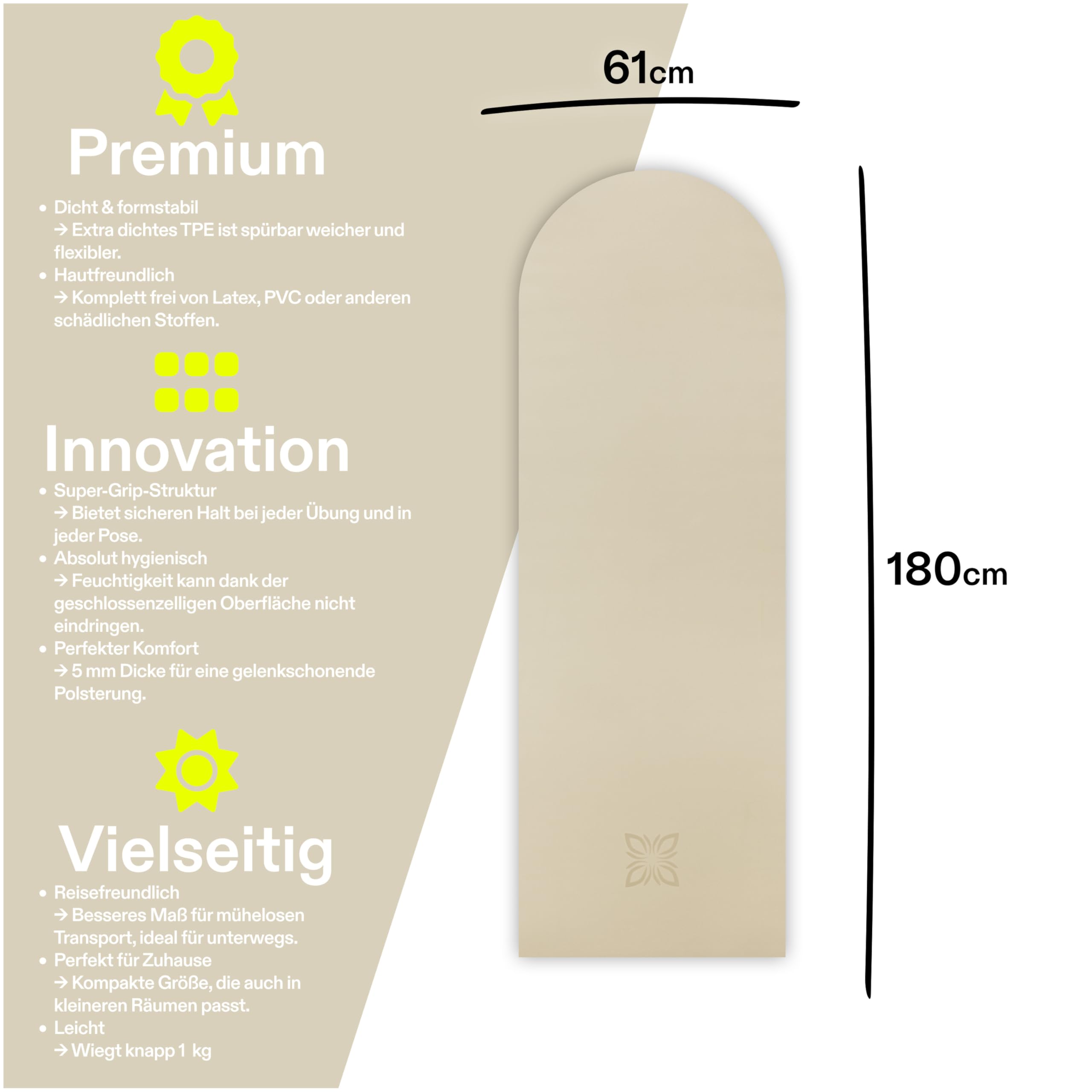 FLOW Pilatesmatte & Yogamatte – 180×61 cm, 5 mm rutschfeste TPE Fitnessmatte, hautfreundlich & allergikergeeignet, PVC- & latexfrei, leicht & robust für Studio & Home-Workout