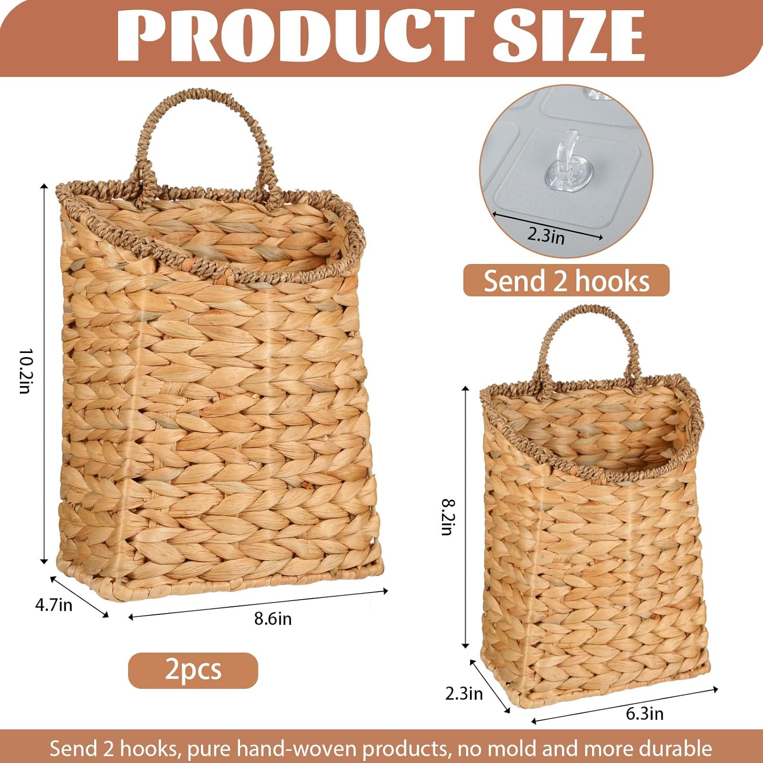 2 Pack Woven Hanging Wall Basket for Front Door 10.2'' + 8.2'' Water Hyacinth Basket for Flowers Handmade Hanging Wicker Baskets Boho Wall Mount Storage Organize for Home Door Shelves Walls