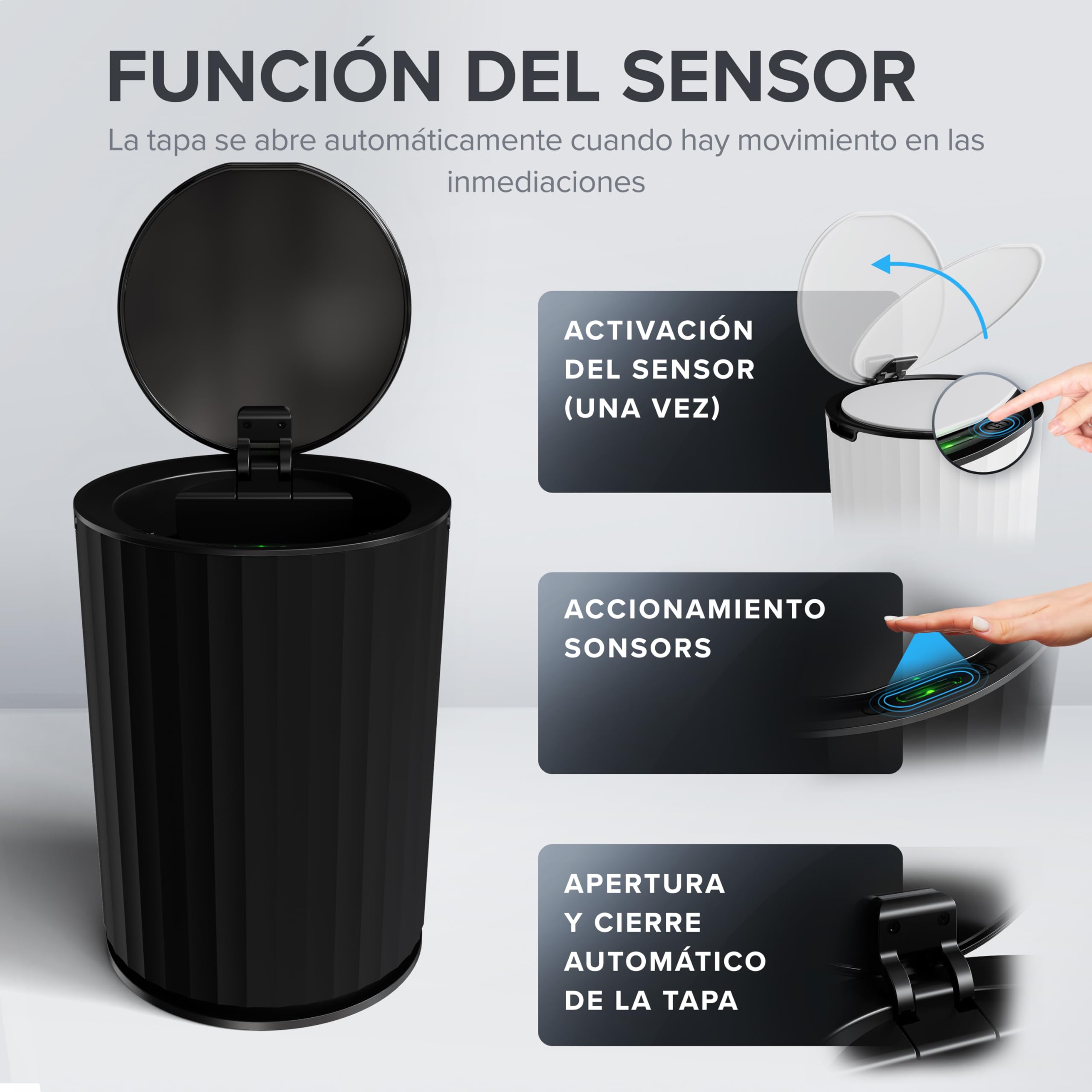 ovimar cubo de baño con sensor Senja | negro | cubo de basura con sensor | cubo de cosmética redondo | cubo con tapa | 7l (litros) | también como cubo de pañales | para el baño o la cocina