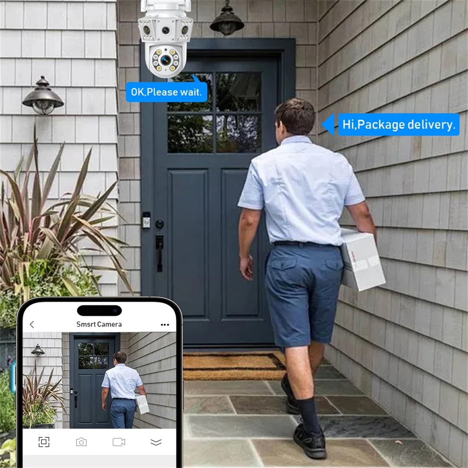 Telecamera di sicurezza 2K per esterni, fotocamera a doppia lente, telecamera CCTV a 360°, WiFi 2.4/5GHz, con registrazione 24/7, visione notturna a colori, rilevamento umano PIR, allarme