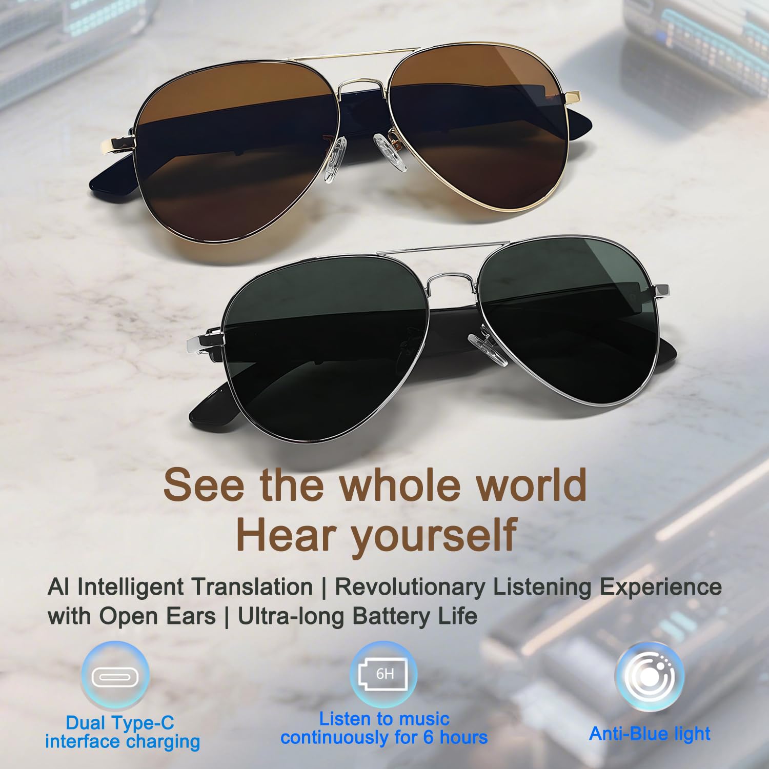 LONGLU Lunettes intelligentes, lunettes intelligentes AI avec application Hyper MZT – Traduction en temps réel de plus de 100 langues, photographie tactile, protection UV400 et Bluetooth 5.4 (marron)