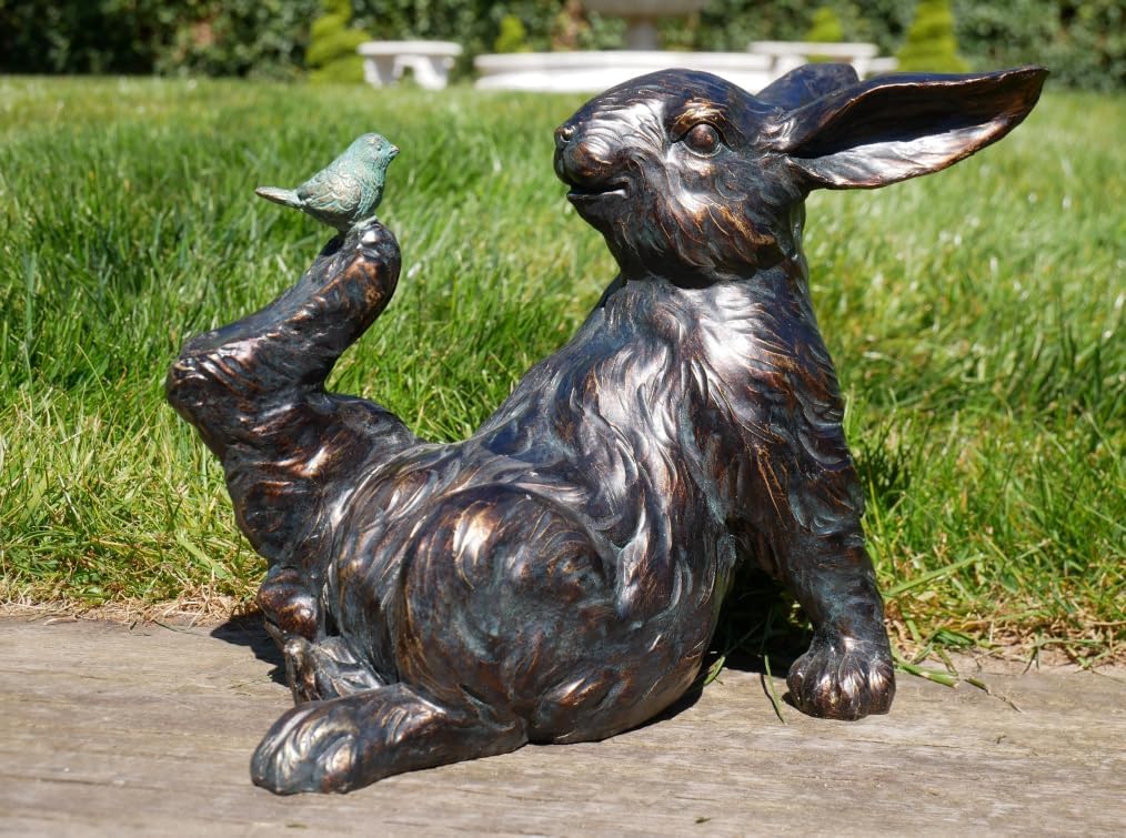 Rabbit & Bird Resin Indoor Outdoor Garden Ornament Bronze Effect Decoration For Home Patio Decking Statue Farmhouse Style, DI07488