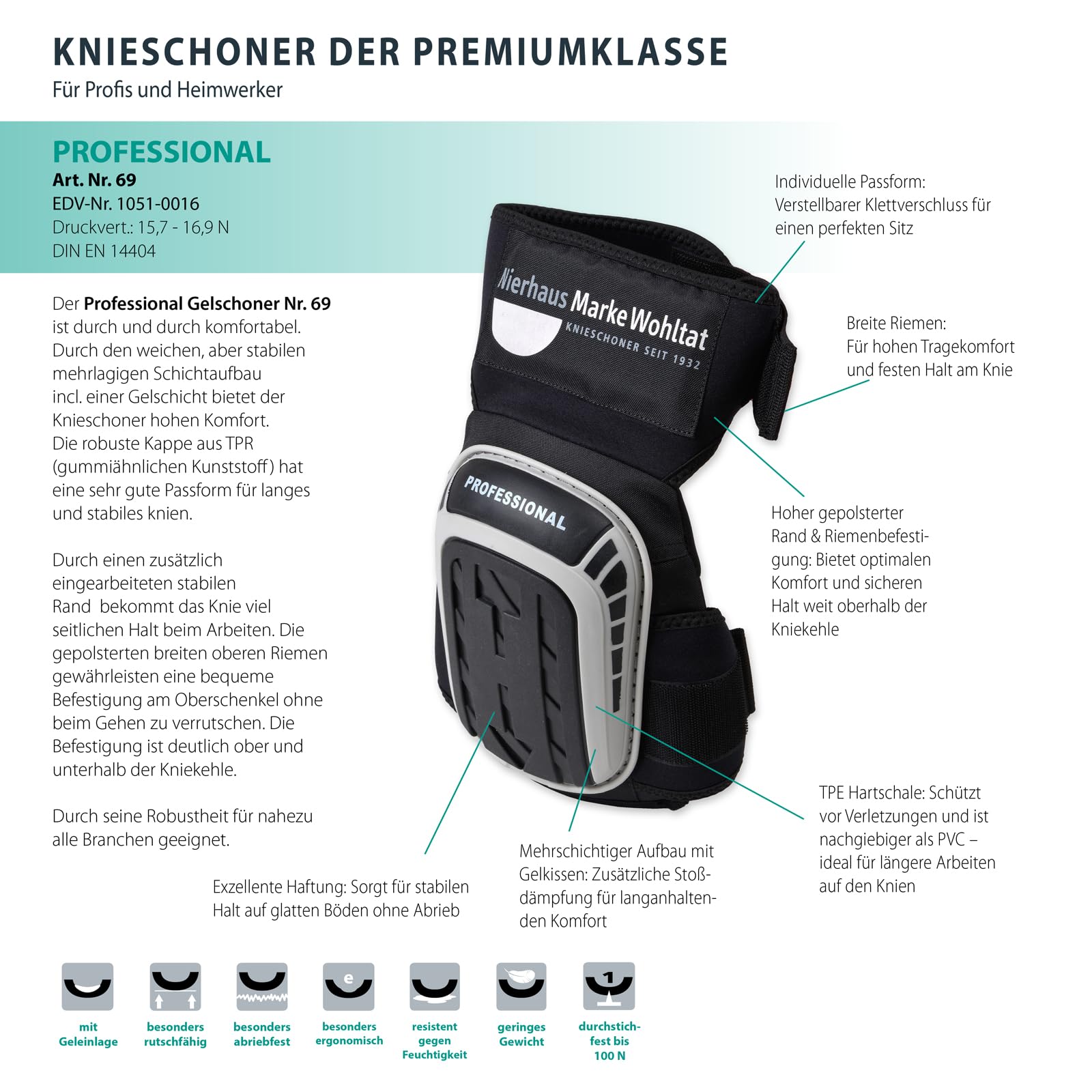 NIERHAUS WOHLTAT Knieschoner PROFESSIONAL - Professioneller Knieschutz mit Gelkissen - Knieschützer für Fliesenleger, Handwerker, Bodenleger, Gartenarbeiten mit starken, bequemen, rutschfesten Riemen