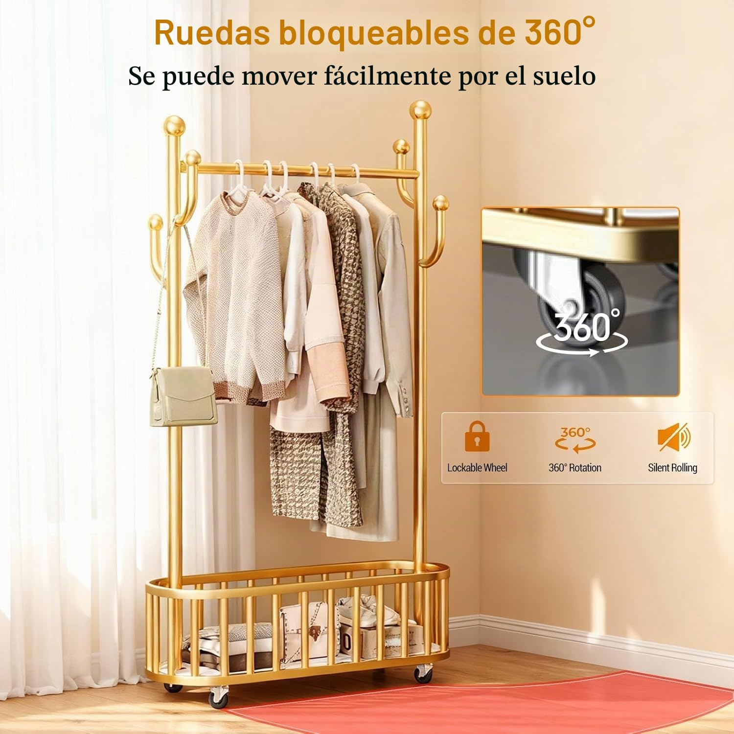 Perchero con ruedas, perchero de metal para dormitorio, con cesta de almacenamiento, 175 x 80 x 32 cm, perchero de suelo independiente para colgar ropa, dorado