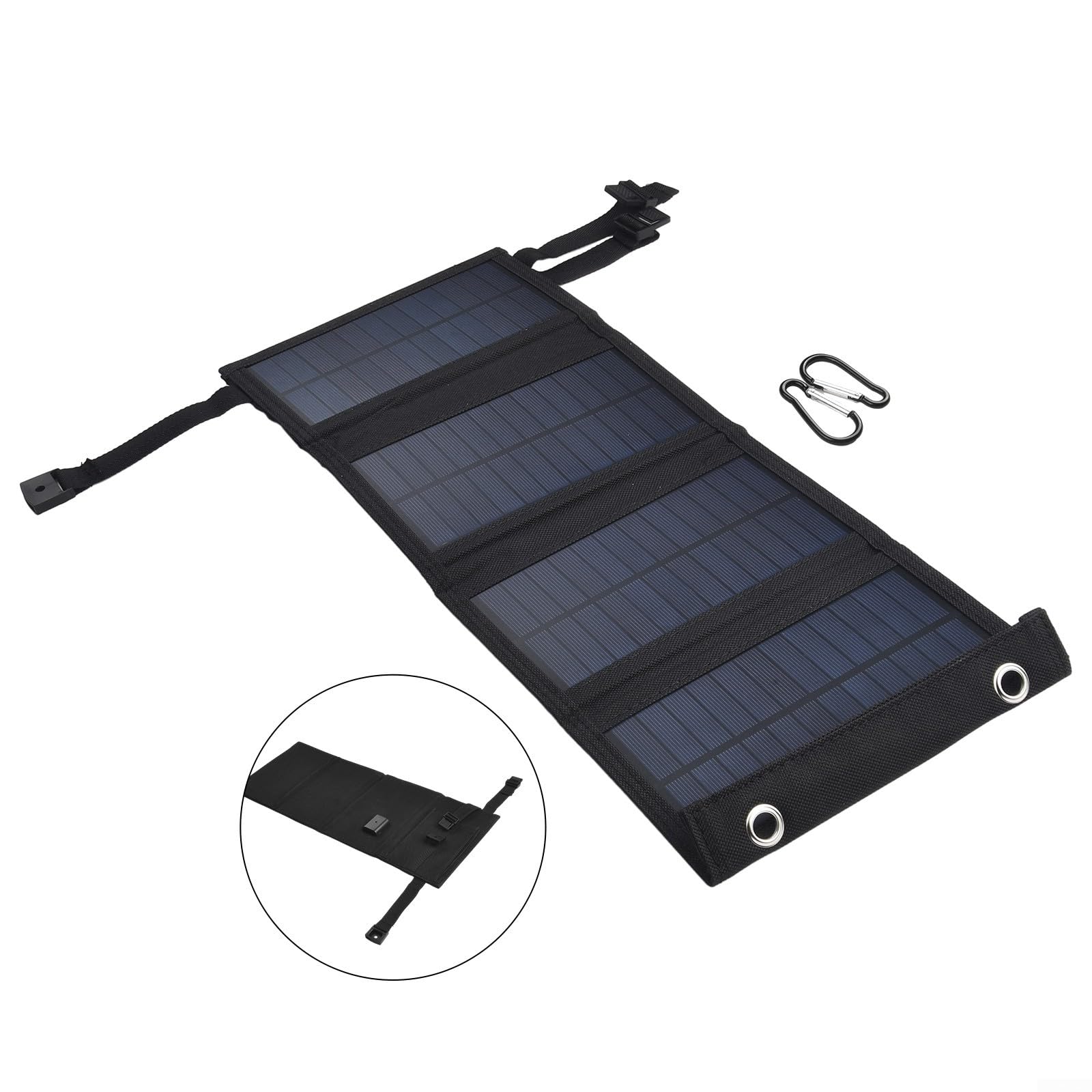 Panel solar, 20W 5V Plegable USB Cargador solar portátil con mosquetón, Energía móvil al aire libre Carga de batería para Camping Senderismo (negro)