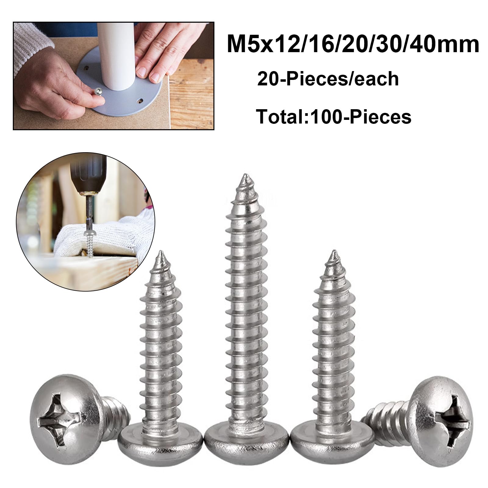 FandWay 100Pcs Self Tapping Screws 304 Stainless Steel,M5 Wood Screws Kit,Round Head Self Drilling Screw,Pan Head Sheet Metal Screw Phillips Drive for DIY WoodWork Repairs - Image 2