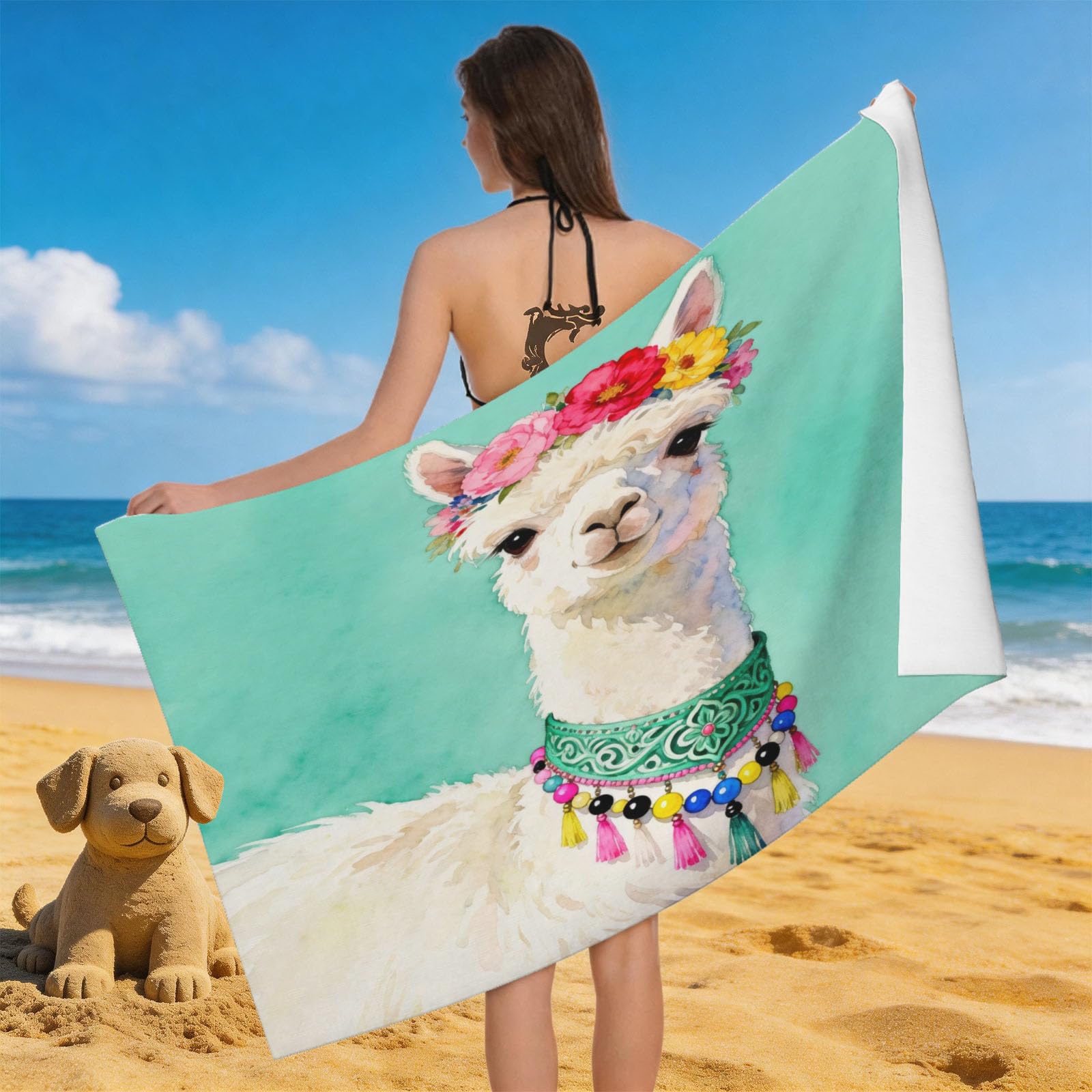 Leichong 3D Cute Alpaca Beach Towel Large Microfiber Soft Quick Dry for Adults, Wreath Bath Towel Lightweight Soft Absorbent for Travel Swimming Pool Sports, 80 x 160 cm