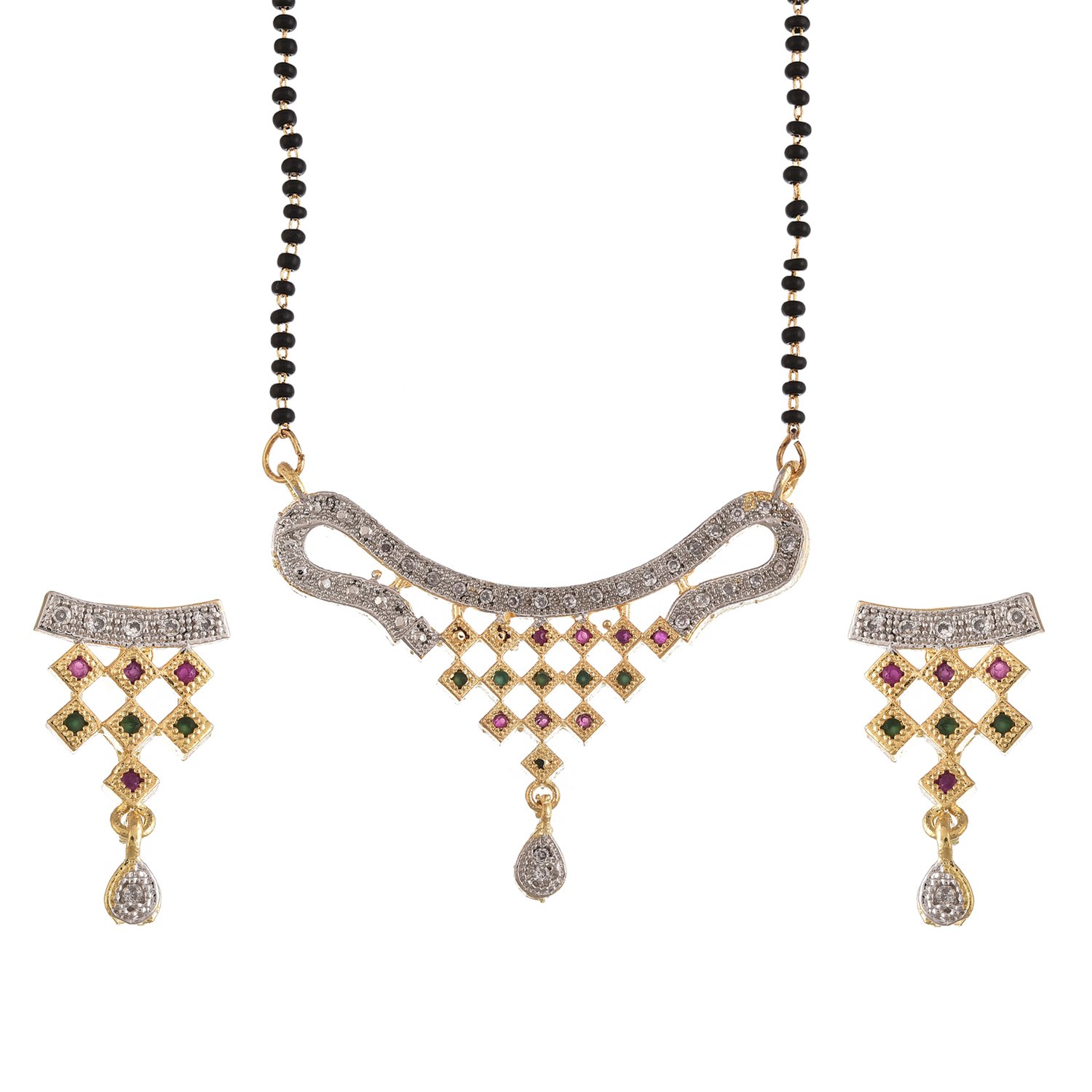 ZENEME Mangalsutra Gold Plated American Diamond Hand Crafted Antique Style Tanmaniya Nallapusalu With Earring Jewellery For Women