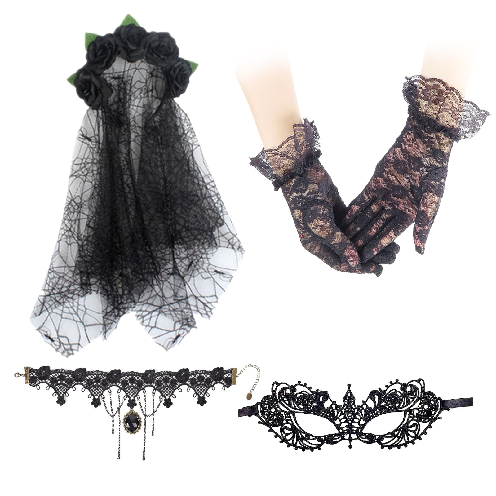 MAINOSHY 4Pcs Halloween Masquerade Costume Set, Halloween Flower Crown Headband Choker Masquerade Mask Lace Gloves for Halloween Fancy Dress Costume Accessory, Black