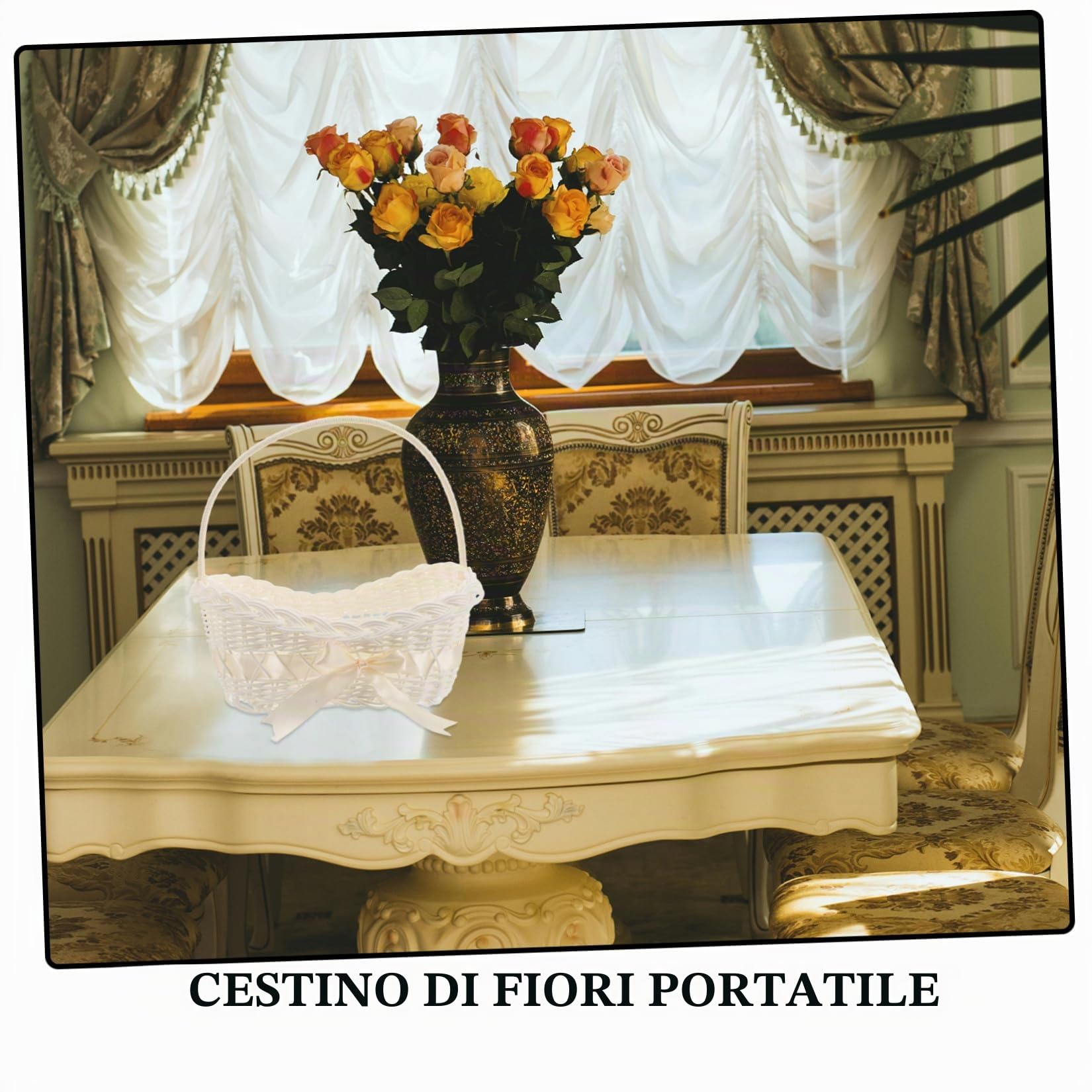 SHINEOFI Cesto Intrecciato in Materiale Simil Rattan per Fiori Cestino Portaoggetti con Manico Decorazione Elegante per Cerimonie e Matrimoni